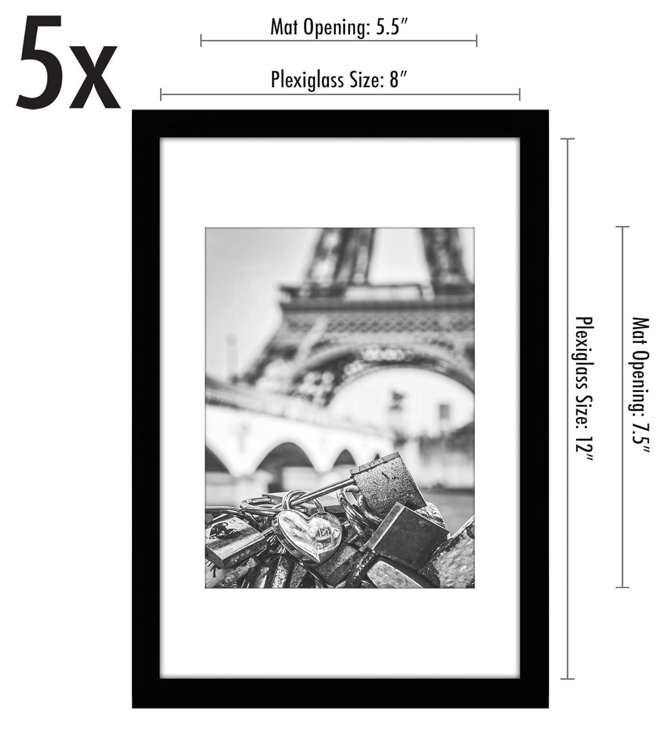 Americanflat 5 Pack of 8x12 Frames with 6x8 Mat - Plexiglass Cover - Black
