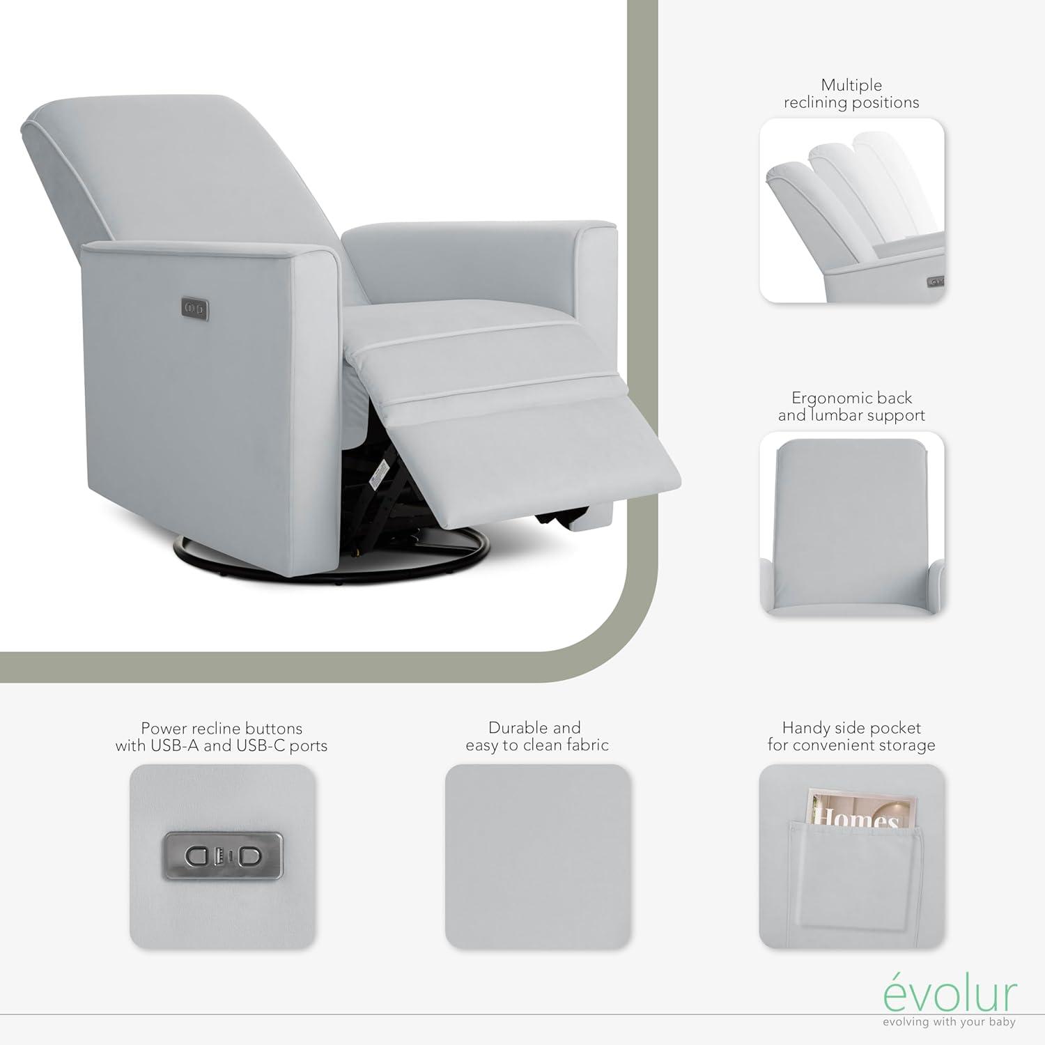 Evolur Harlow Deluxe Greenguard Gold Certified Upholstered Plush Seating Glider Swivel & Power Recliner, Grey