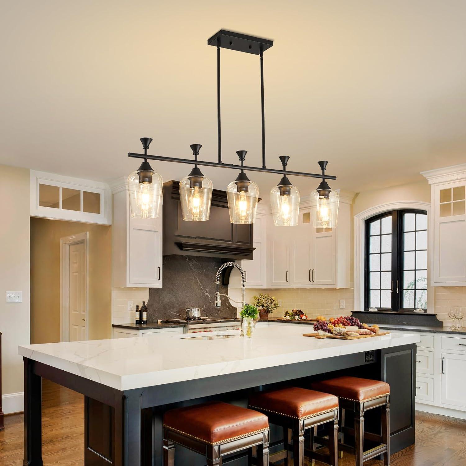 Black Farmhouse Chandelier, 5-Light Island Lights for Kitchen in Metal Finish with Clear Glass Shades, 37" Dining Room Chandelier, Linear Pendant Lighting for Foyer, Bar, Pool Table