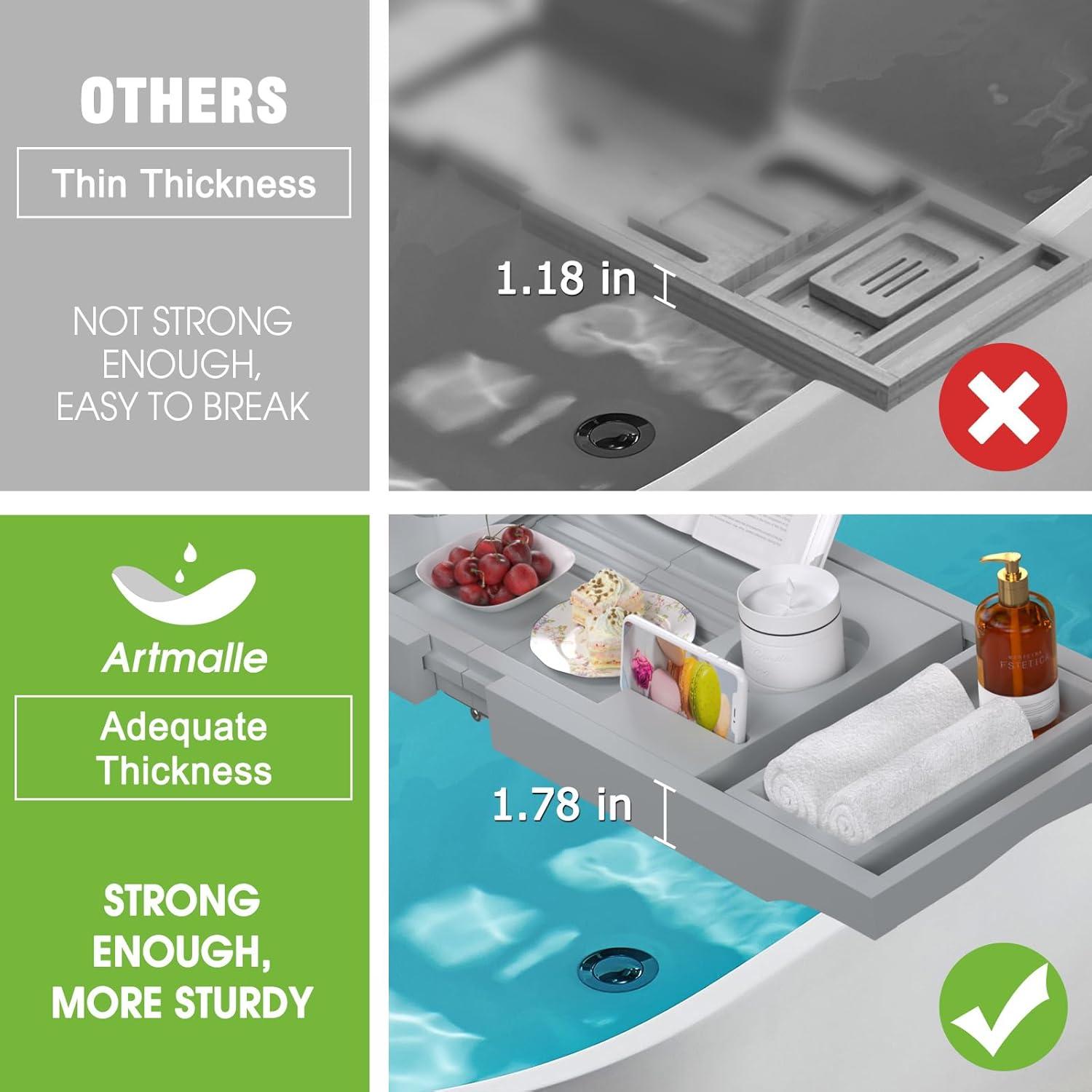 Artmalle Bathtub Tray Bath Caddy for Tub - Bamboo Adjustale Organizer Tray Bath Table for Bathroom, Foldable Luxury Tub Tray with Book Holder for Home Spa and Gift Choice, Gray