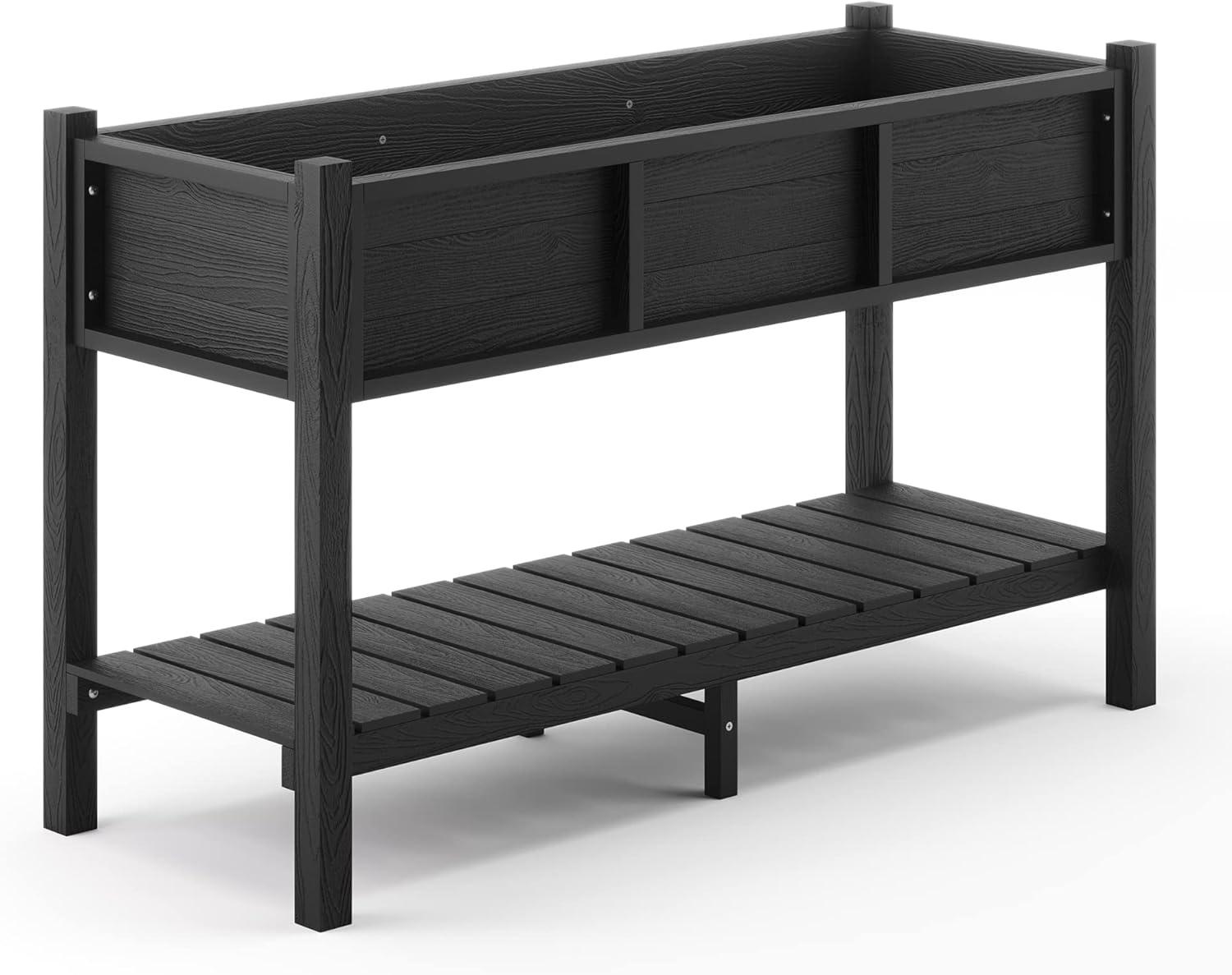 Black Elevated Poly Raised Garden Bed with Storage Shelf