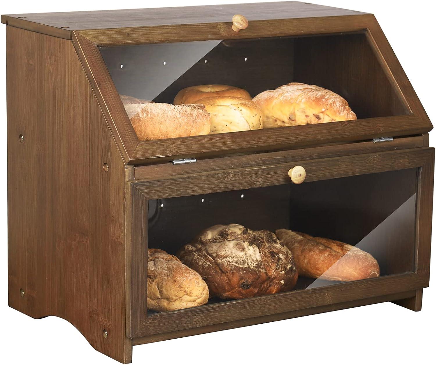 HOMEKOKO Double Layer Large Bread Box for Kitchen Counter, Wooden Large Capacity Bread Storage Bin (Brown)