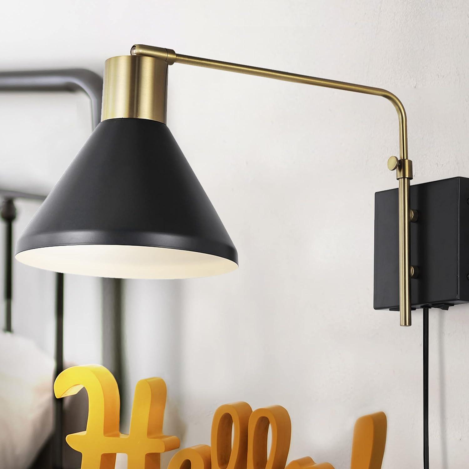 Max 20.5" Swing Arm 1-Light Modern Midcentury Iron USB Charging Port LED Sconce, Black/Brass Gold