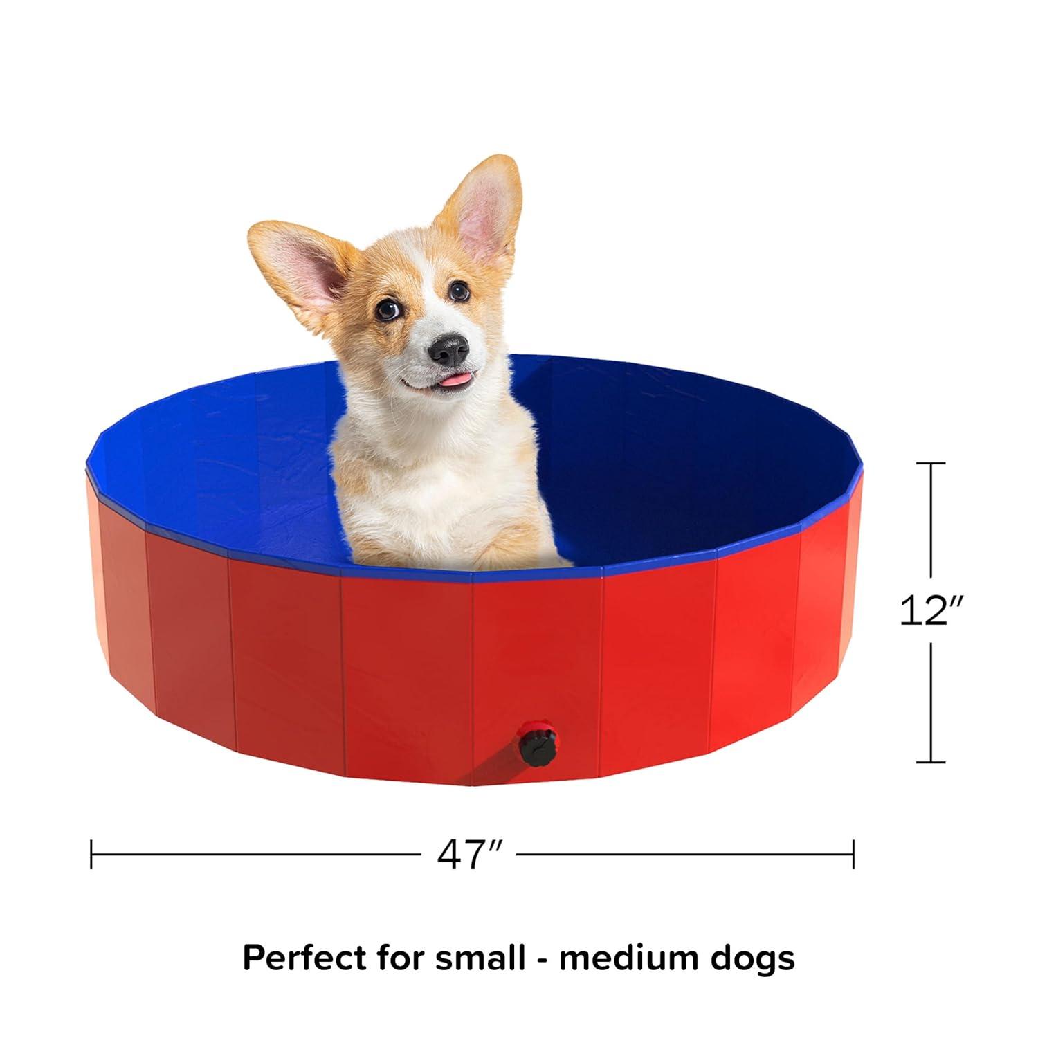 Portable Dog Pool for Large Dogs - Foldable Plastic Bathing Tub with Drain and Carrying Bag for Pets and Backyard Play with Kids by PETMAKER (Blue)