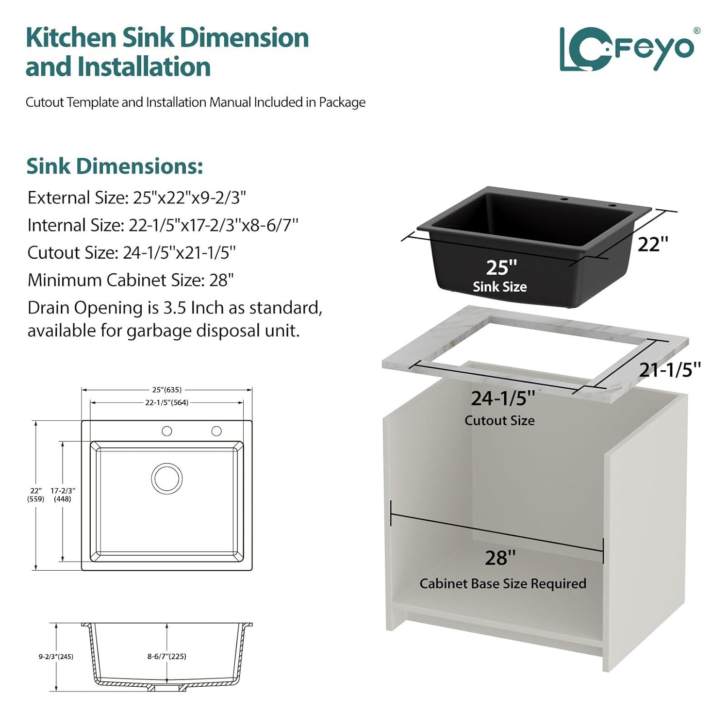 25x22 Inch Black Granite Composite Single Bowl Kitchen Sink