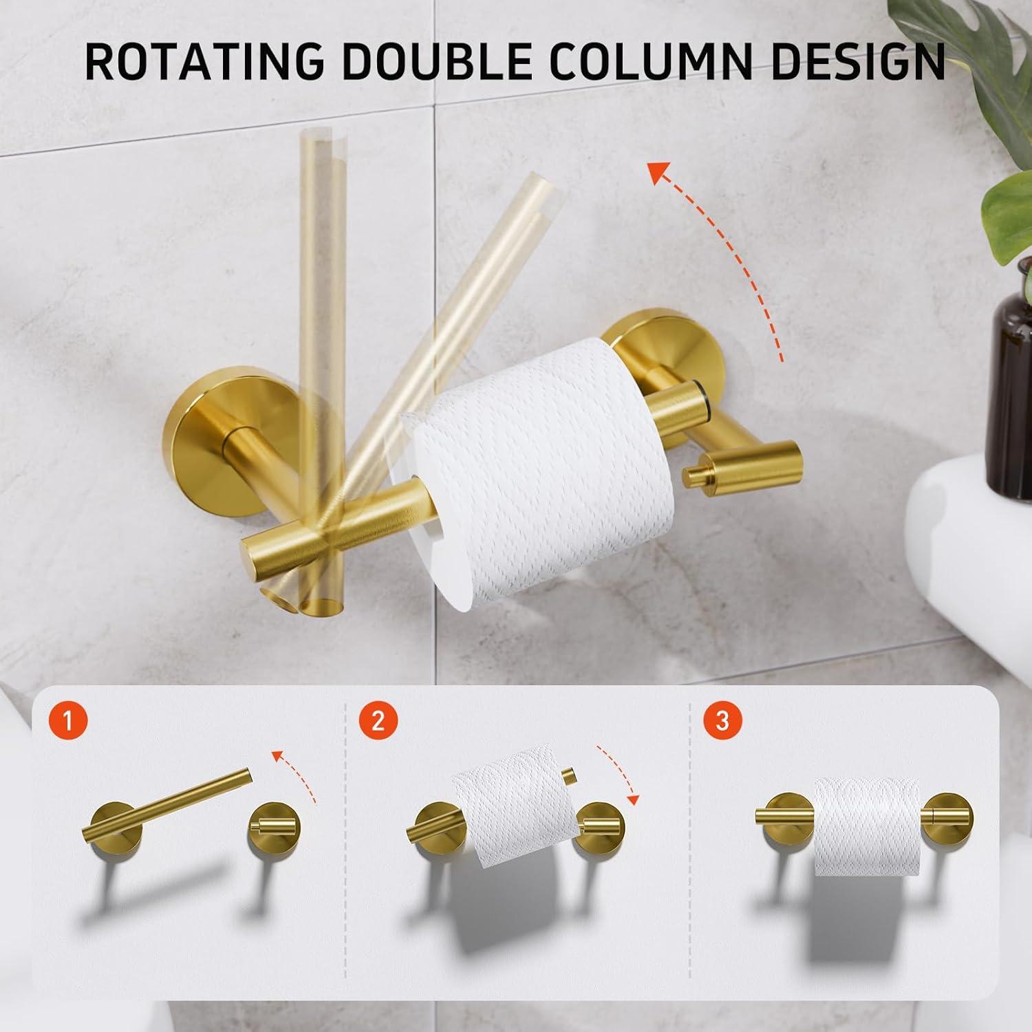 MOGFCT Toilet Paper Holder Brushed Gold Wall Mounted, Double Post Pivoting Toilet Paper Holder SUS 304 Stainless Steel Bathroom