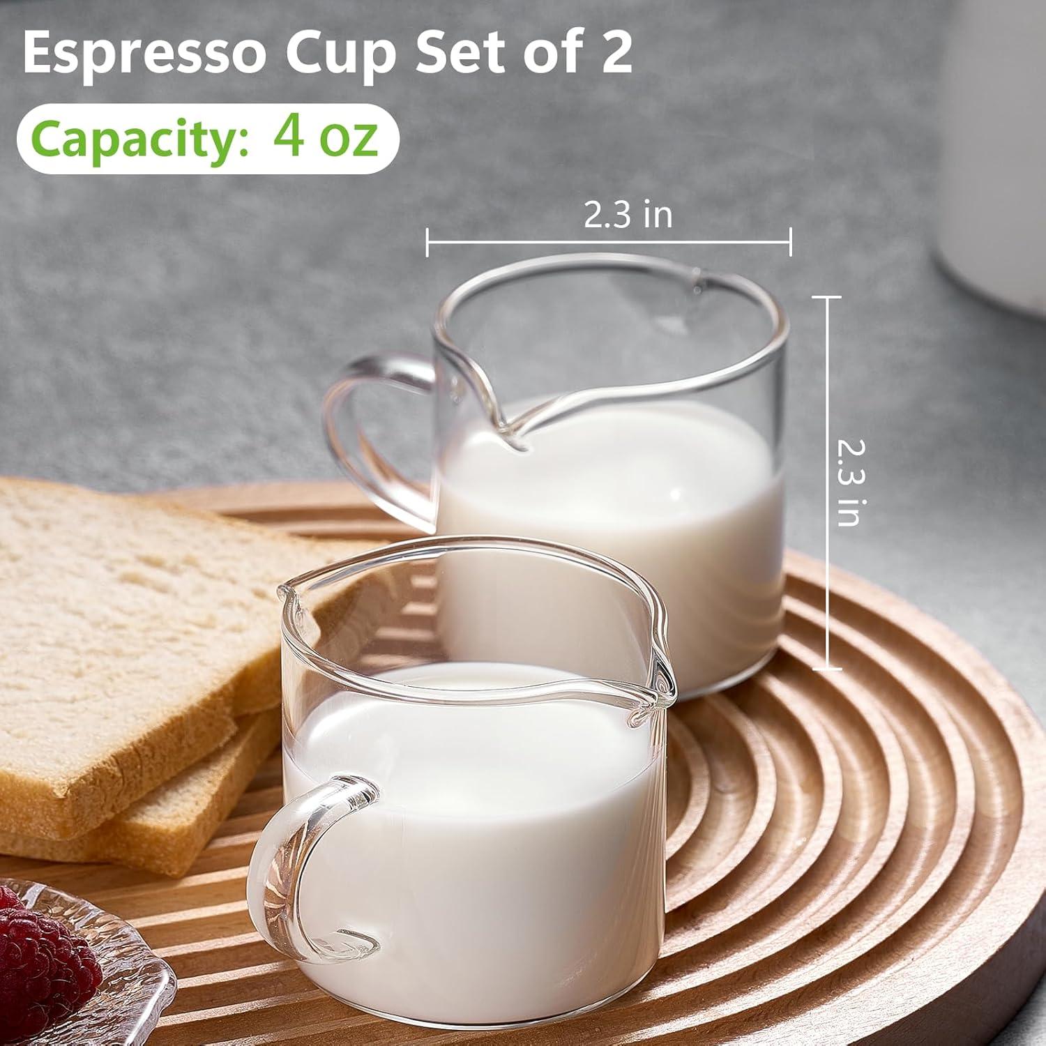 Espresso Cups Set of 2, 4 oz Double Spouts Cup, Espresso Shot Glasses with Handle, V-Shaped Spout Milk Cup, Borosilicate Glass, Mini Clear Glasses for Coffee Bar, Machine Accessories