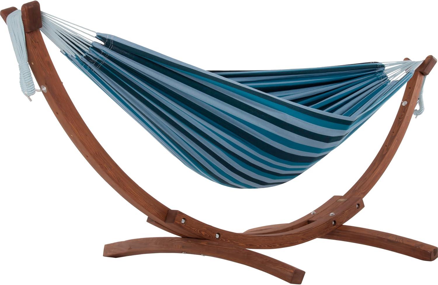 Vivere 8ft Double Cotton Hammock with Solid Pine Arc Stand - Blue Lagoon Color