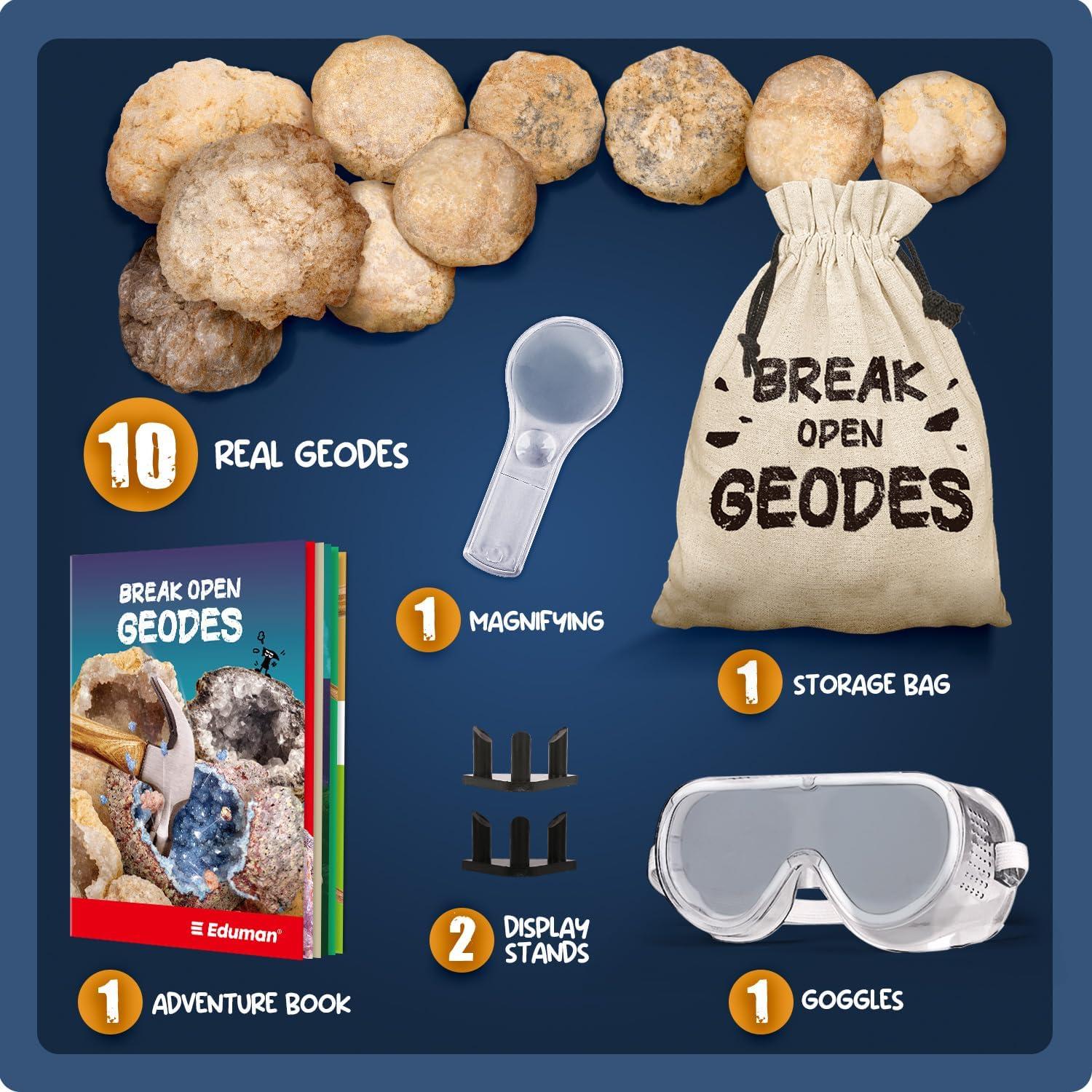 Eduman Geodes Kit, Break Open 10 Geodes, STEM Educational Geology Toys Science Kit ,Gift for Child Age 6+
