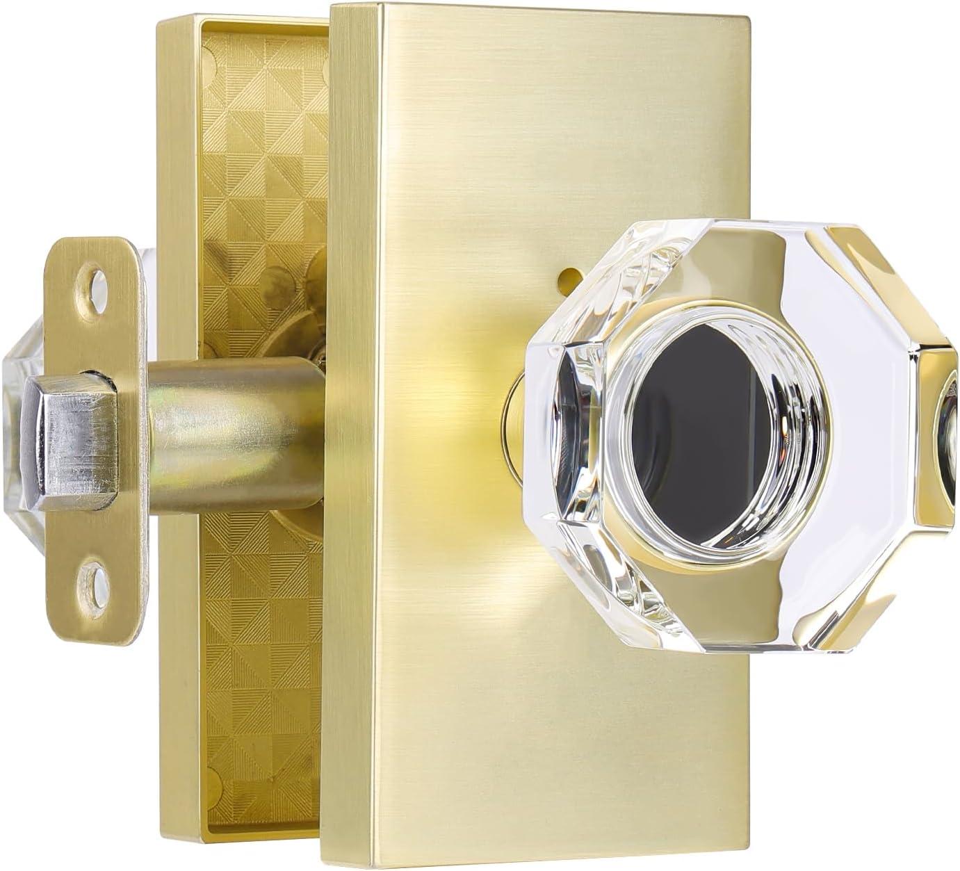 Clear Glass Crystal Door Knobs Interior,Octagon Gold Door Knob,Bathroom Bedroom Privacy Door Knobs with Lock,Satin Brass