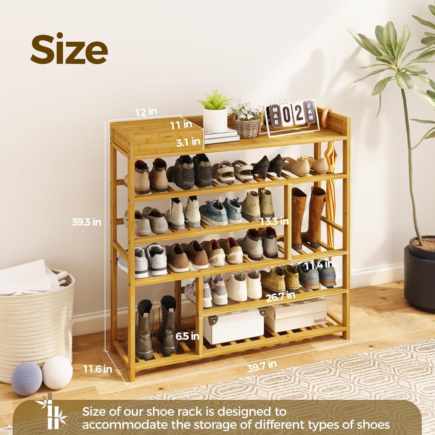 Natural Bamboo Freestanding Shoe Rack with Adjustable Shelves