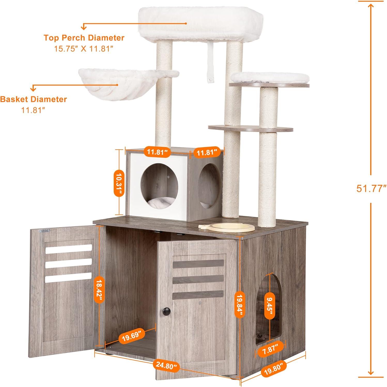 Wood Litter Box Enclosure with Food Station, All-in-one Indoor Cat Furniture with Large Platform and Condo