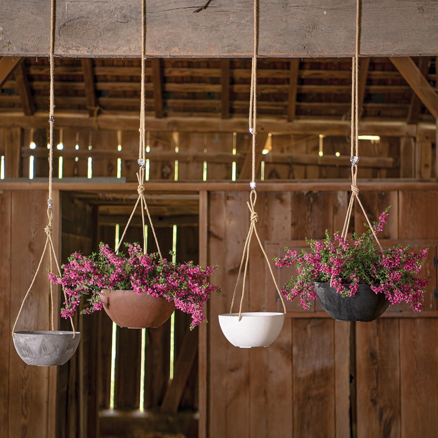 White 12" Marbled Hanging Bowl Planter with Rope