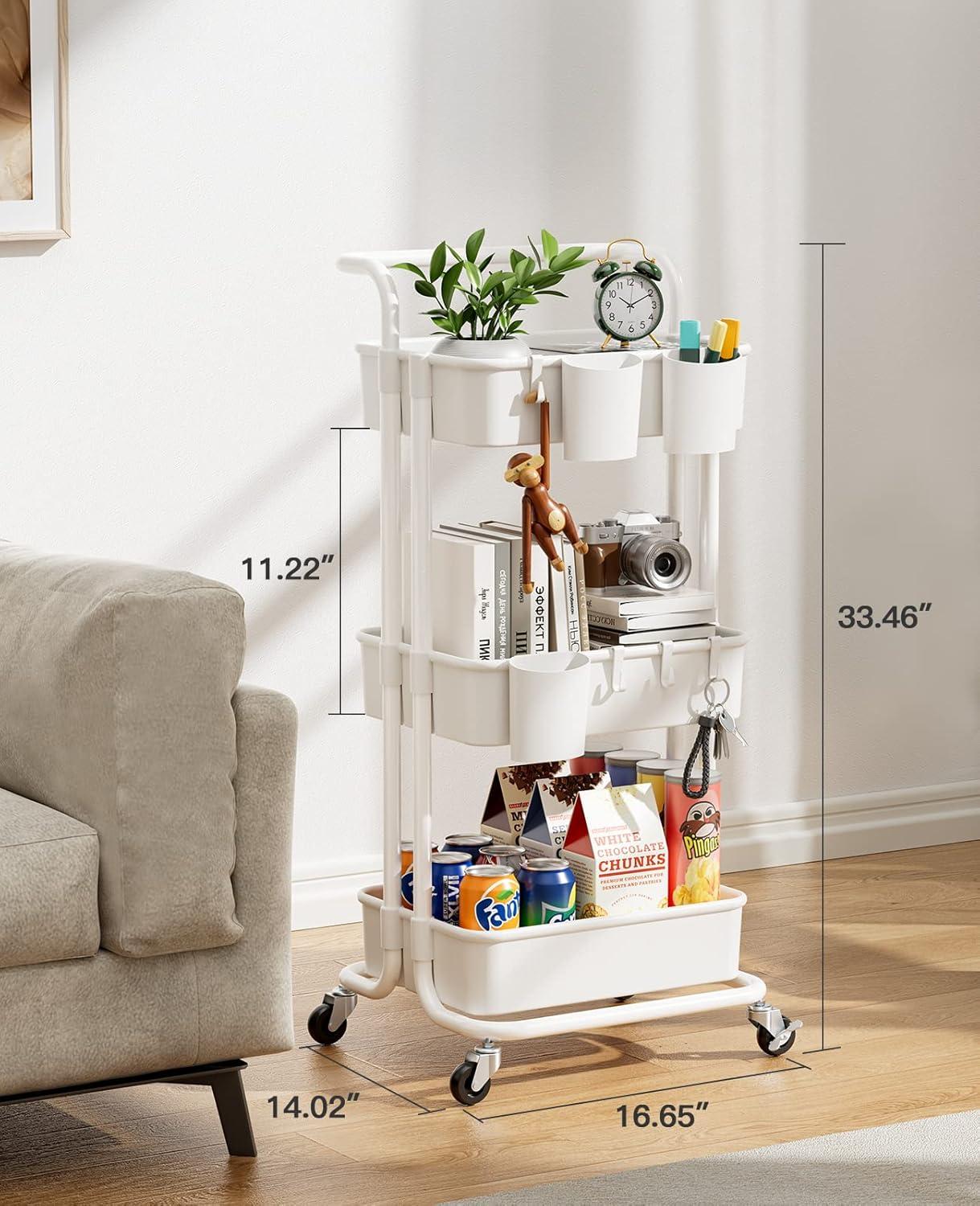 3-Tier Metal Rolling Cart Utility Cart Storage Cart with Lockable Wheels, 3 Hanging Cups & 4 Hooks for Office, Kitchen, White