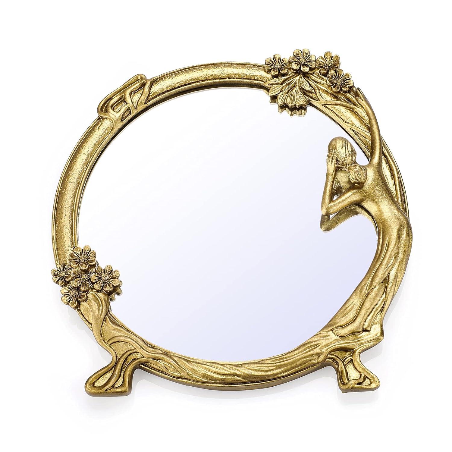 XGZHP2 Add Luxury European Vintage Resin Relief Mirror to Your Collection - Elegant Golden Decor for Dressing & Makeup - Timeless Antique-Style Prop with Feminine Charm - Perfect for Phot
