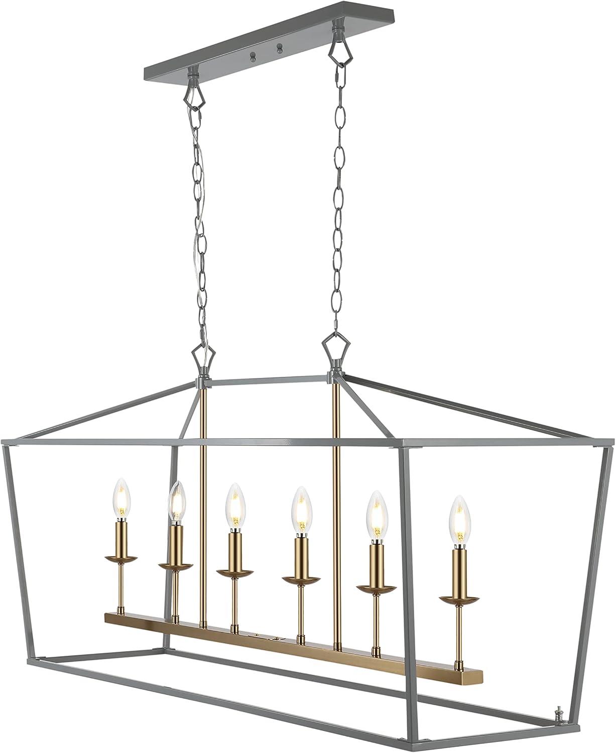 Pagoda 49" Linear 6-Bulb Classic Traditional Metal LED Pendant, Gray/Brass Gold