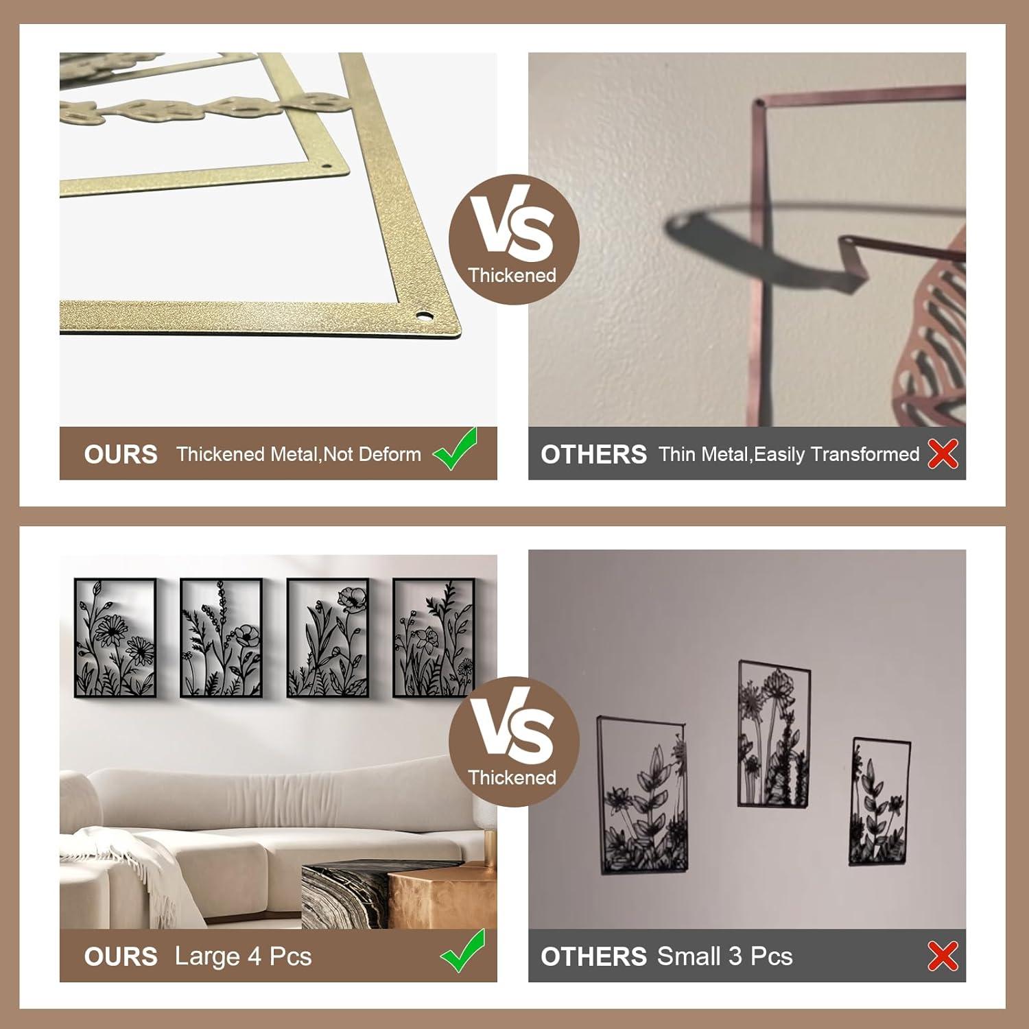 Winston Porter 4 Pcs Black Abstract Flowers Metal Wall Art, 17 X 12'' Minimalist Floral Single Line Wall Décor, 3D Textured Sculptures, Rustic Nature Wall Art Décor For Living Room, Bedroom, Study (Set of 4)