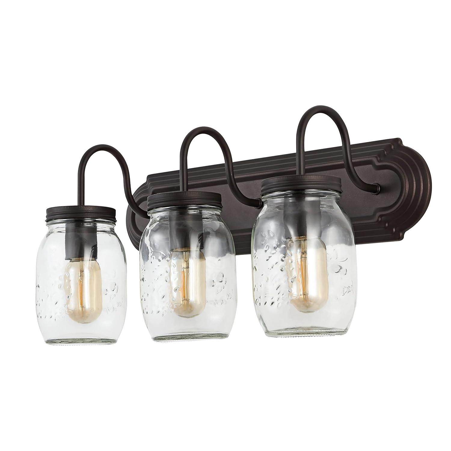 Gaines 19.3" 3-Light Farmhouse Industrial Iron Mason Jar LED Vanity, Oil Rubbed Bronze/Clear