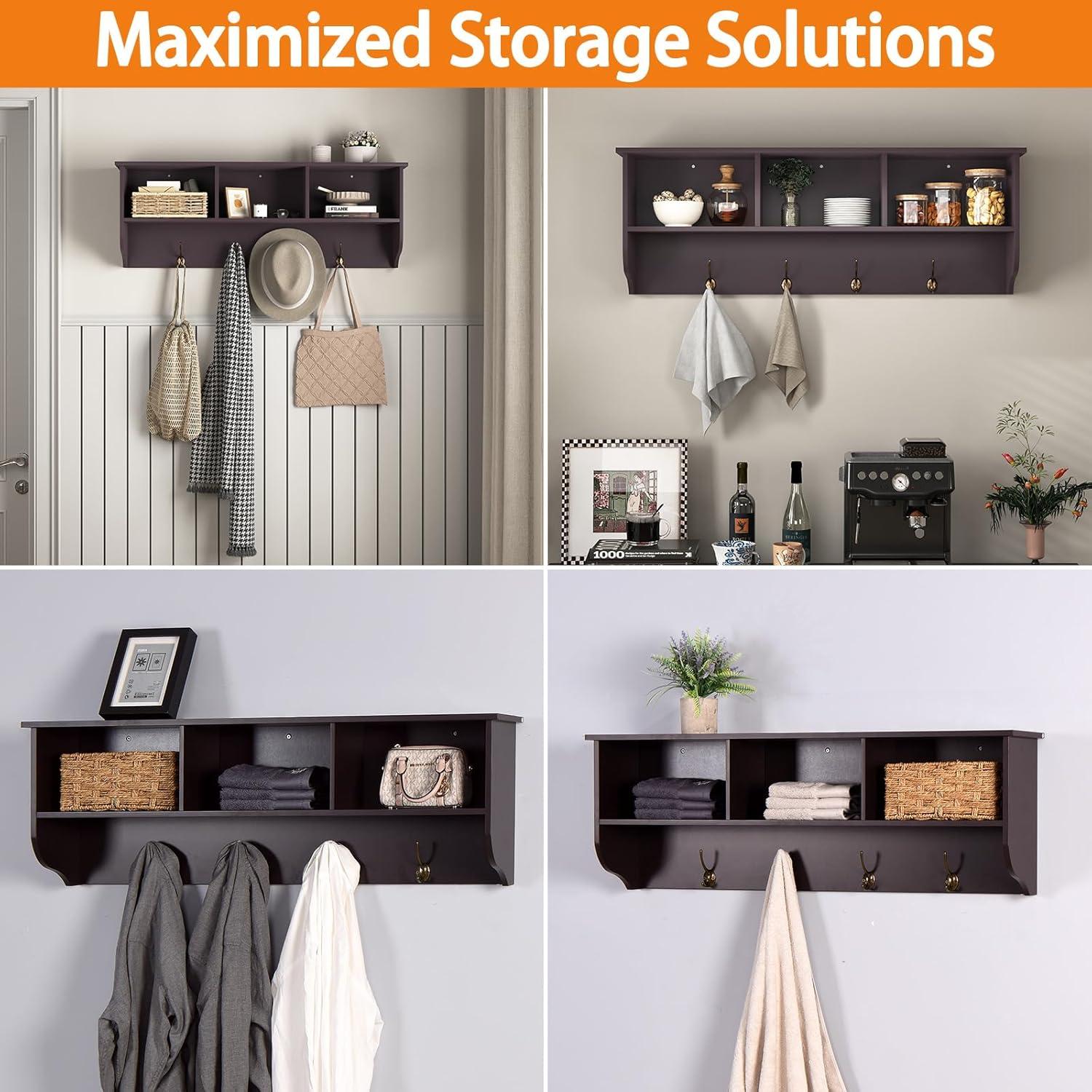 BaytoCare White Entryway Wall Mounted Coat Rack with 4 Dual Hooks Living Room Wooden Storage Shelf