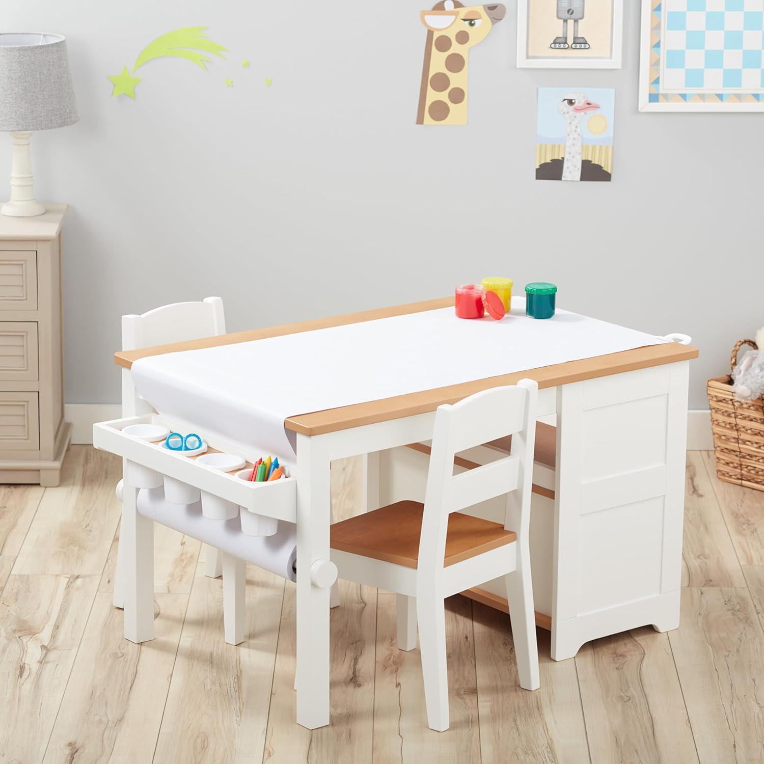 White and Natural Wooden Kids Art Table with Chairs