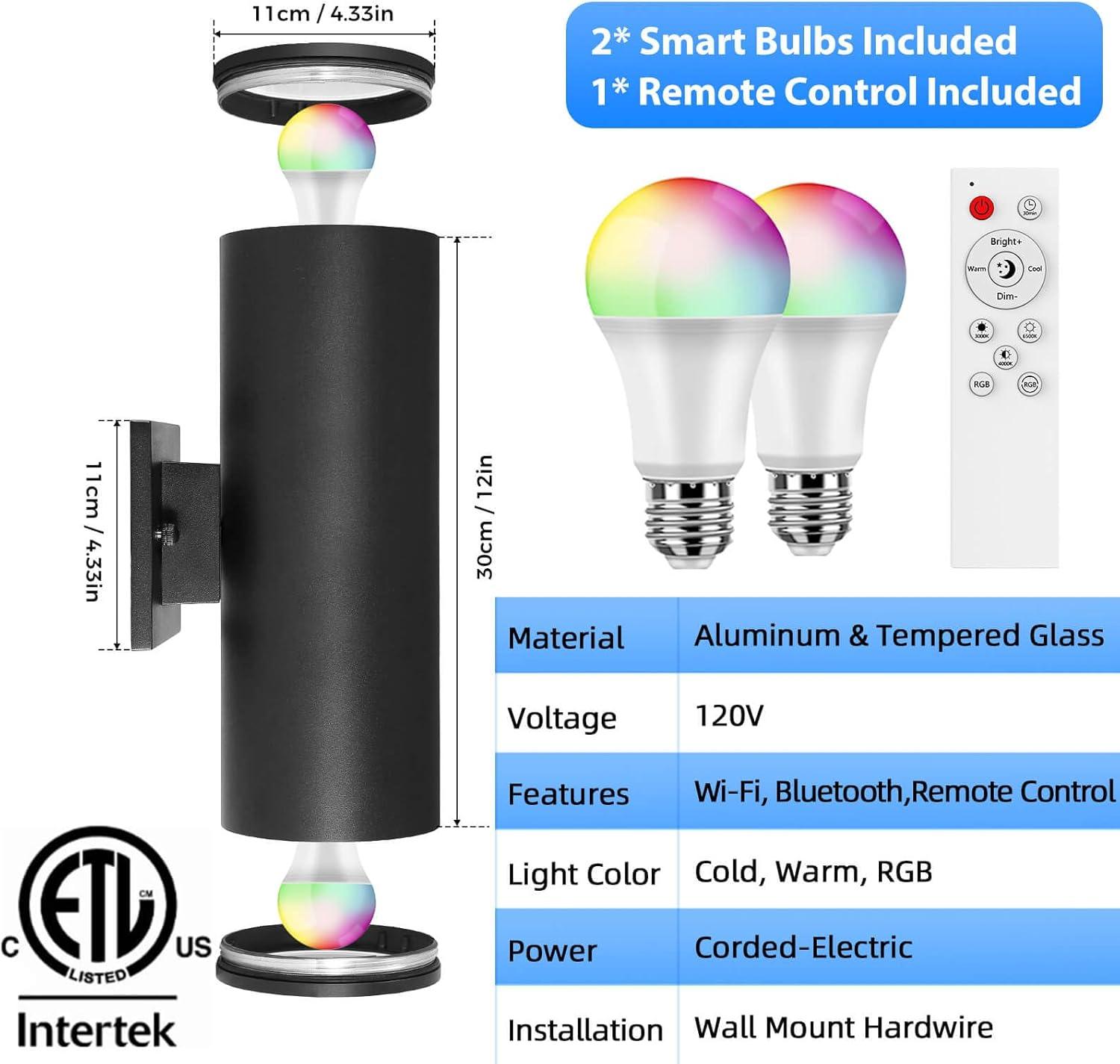 Modern RGB Outdoor Light, 2700K-6500K Ambience Outdoor Wall Sconce Color Changing, Wifi App Control Up Down Lights, Smart Exterior Wall Light For House Porch, Works With Alexa Google Assistant