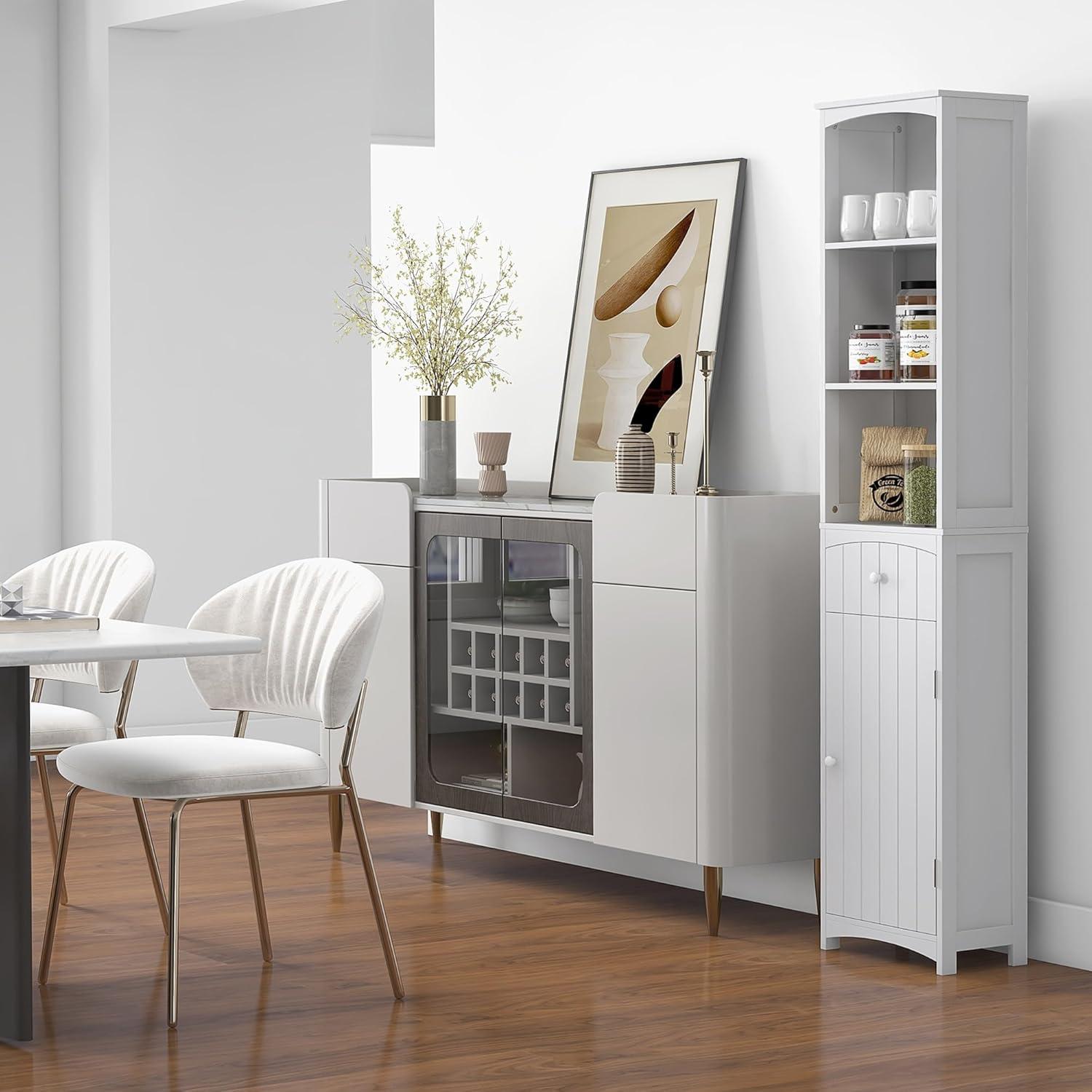 HOMCOM 67" Tall Bathroom Storage Cabinet, Freestanding Linen Tower with 3-Tier Shelf, Drawer and Cupboard, Narrow Side Floor Organizer, White