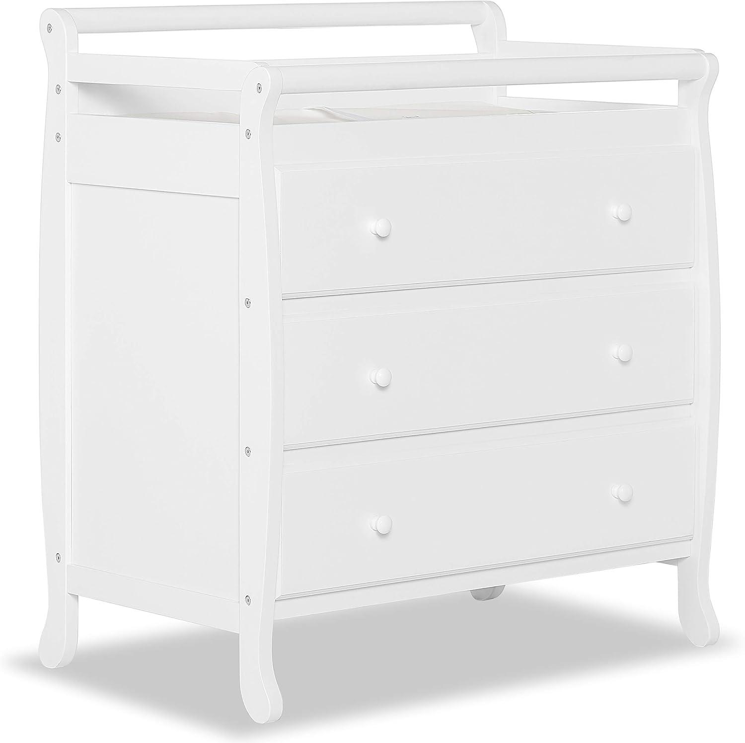 White Classic Sleigh 3-Drawer Changing Table with Safety Strap