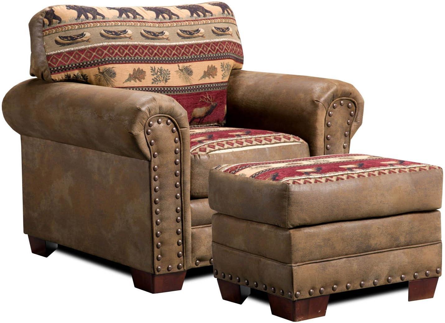 Sierra Lodge Brown Microfiber and Tapestry Ottoman