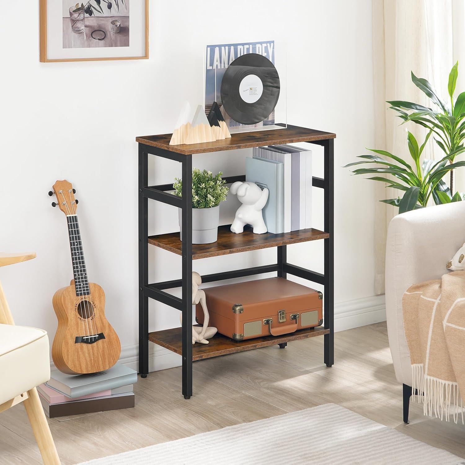 Rustic Brown and Black 3-Tier Adjustable Ladder Bookshelf