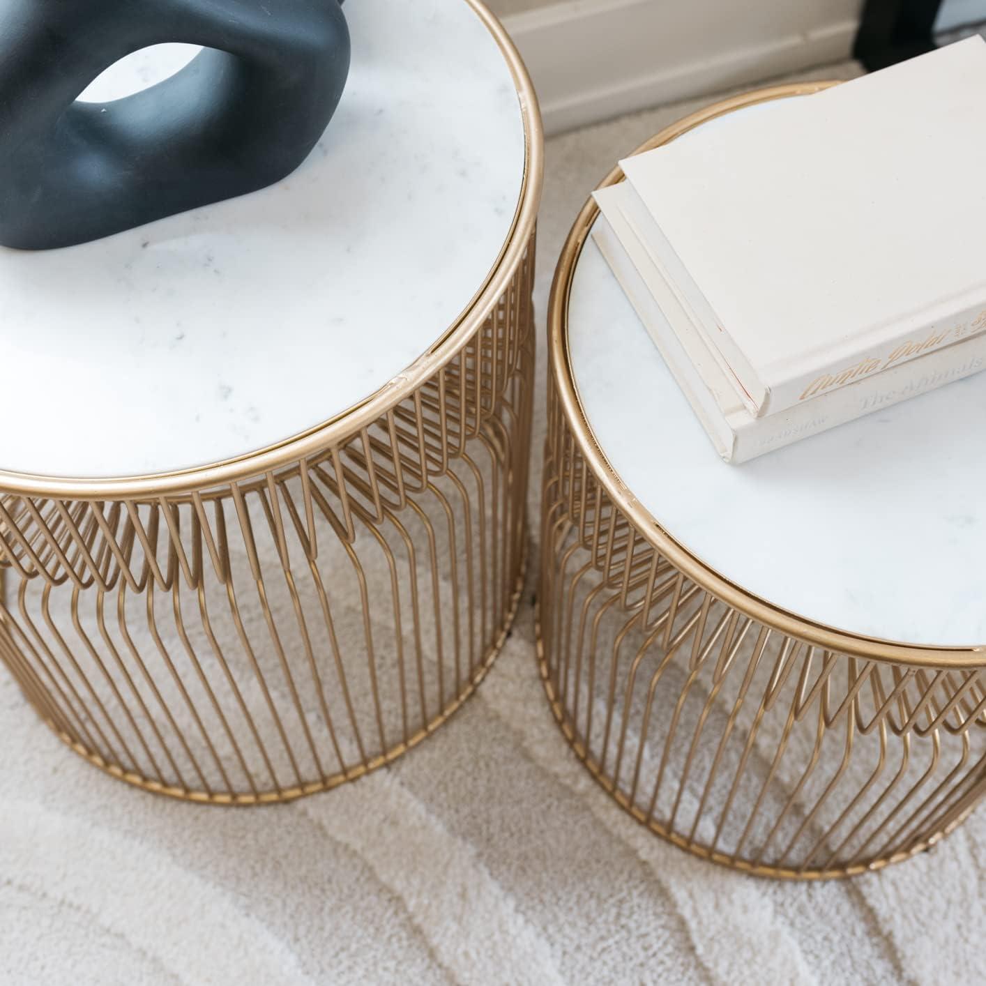 Transitional Gold & White Marble Round Side Table Set