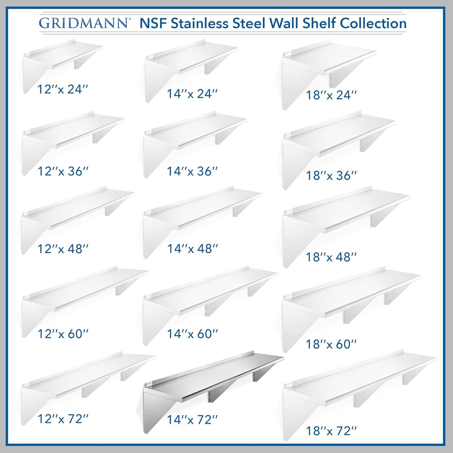 GRIDMANN 14" Deep Stainless Steel Kitchen Wall Mount Shelves with Backsplash - NSF Certified