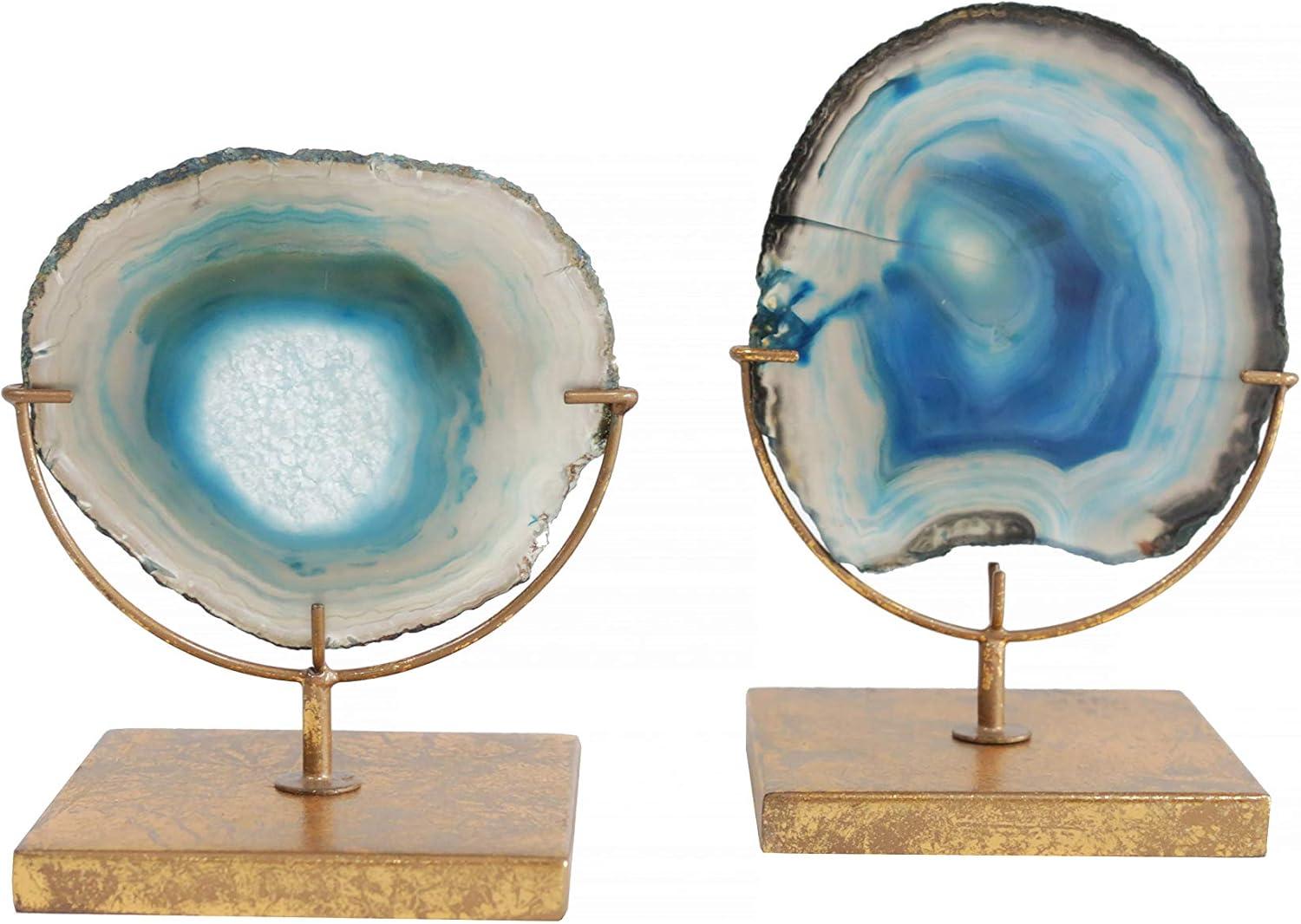 Blue Agate Stone Slice on Gold Metal Stand