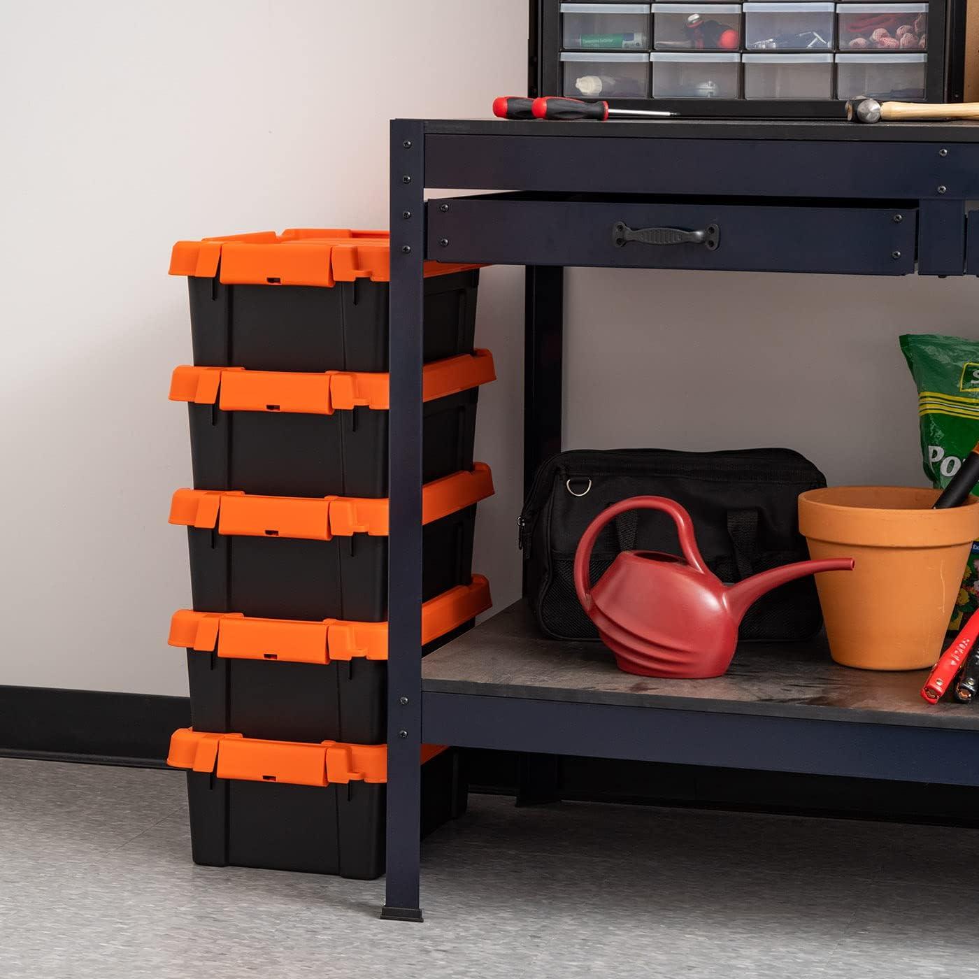 Heavy Duty Black and Orange Stackable Plastic Storage Bins with Lids