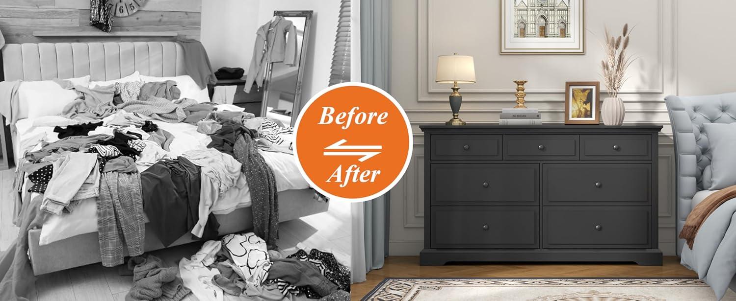 Winston Porter Raydyn 7 Drawers White Double Dressers Chests for Bedroom, Large Storage Dressers Organizer for Bedroom, Long Dresser Tv Stand, Vintage Solid Tall Closet Dressers with Storage for Living Room, Hallway