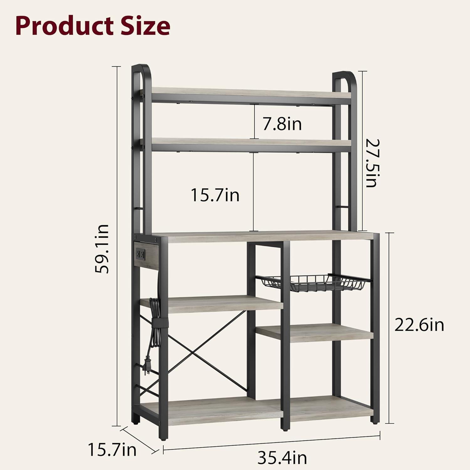 Retro Gray 6-Tier Adjustable Bakers Rack with Power Outlet