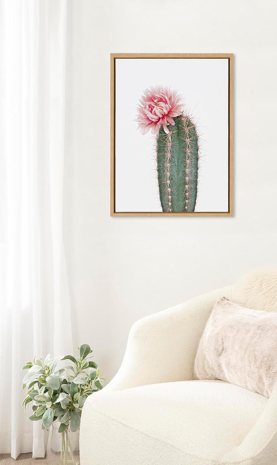 Kate and Laurel Sylvie Pink Cactus Flower Framed Canvas Wall Art by Amy Peterson Art Studio, 18x24 Natural, Desert Cactus Floral Photo Art for Wall