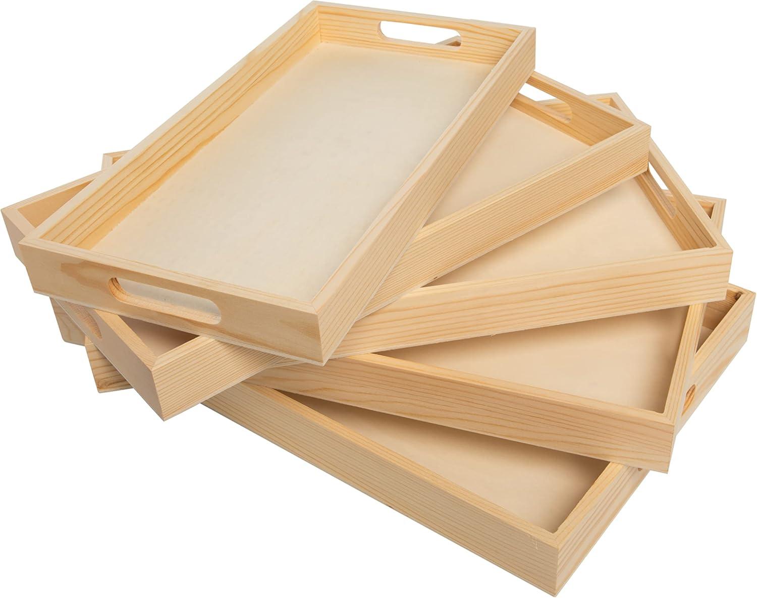 Natural Wood Rectangular Nested Serving Trays with Handles, Set of 5