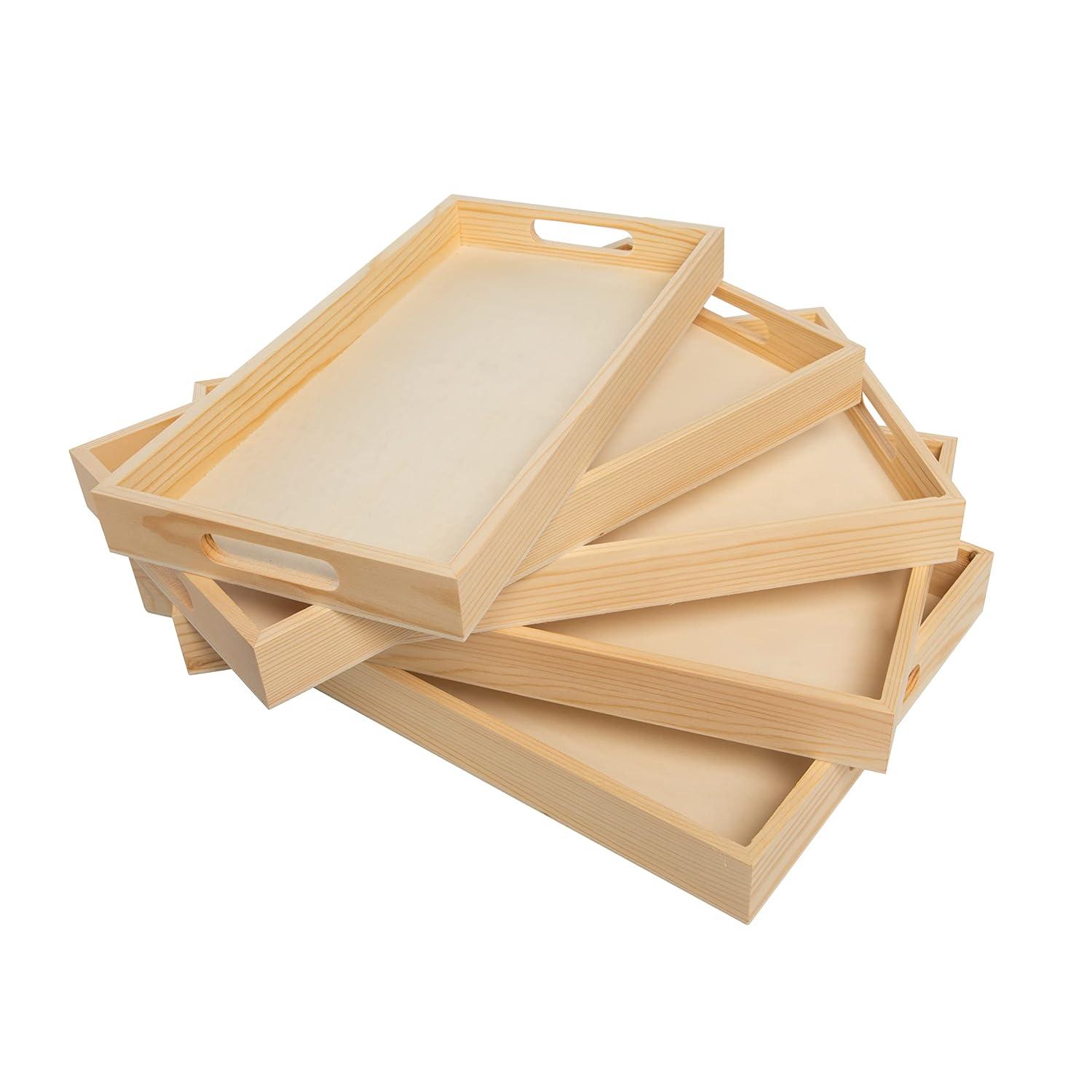 Natural Wood Rectangular Nested Serving Trays with Handles, Set of 5