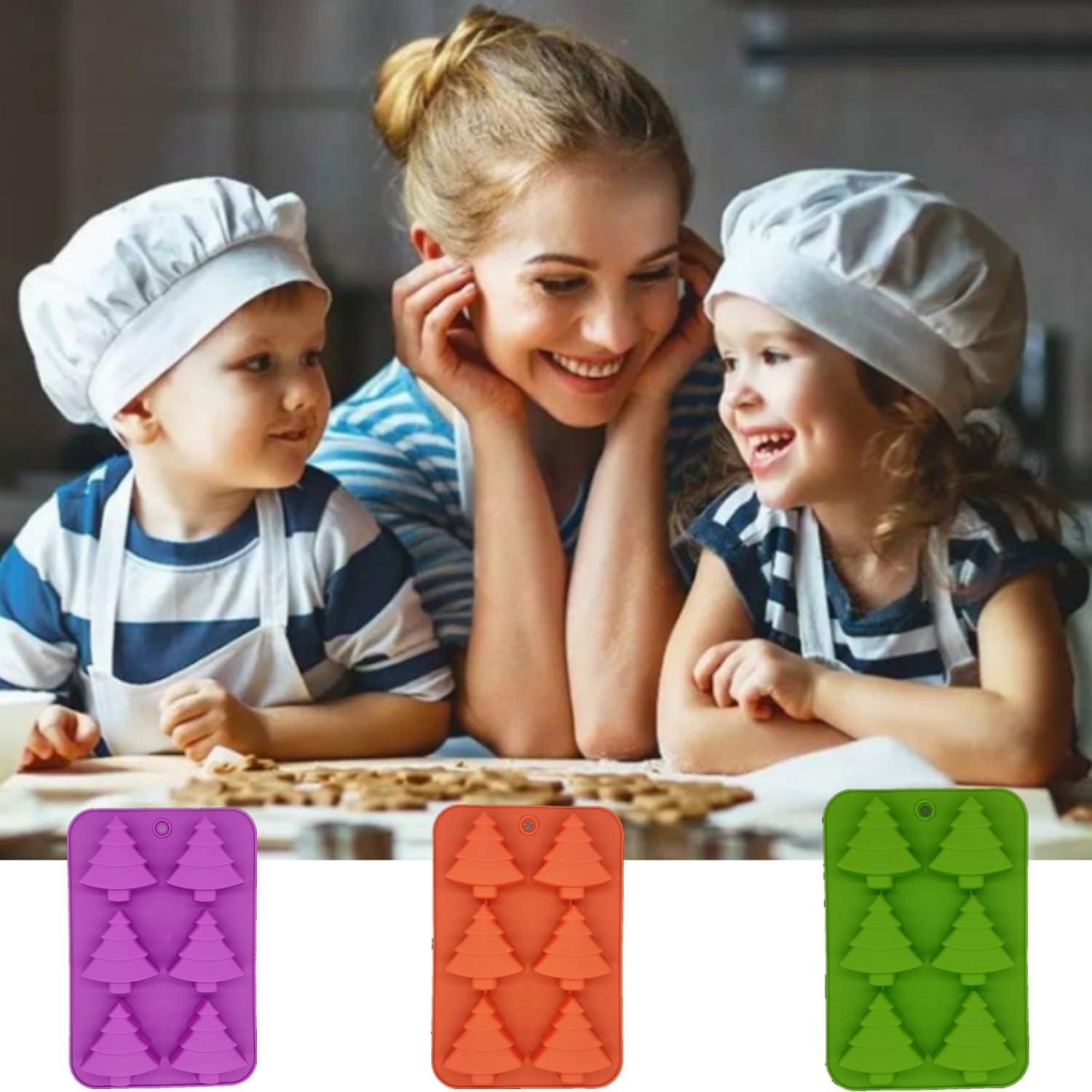 3 Pack Christmas Tree Silicone Molds,6 Cavity Candy Baking Trays for Holiday Cakes,Candies,Gummy,Chocolates,Jelly,Soap,Ice Cube,Cookies (red, green, purple)