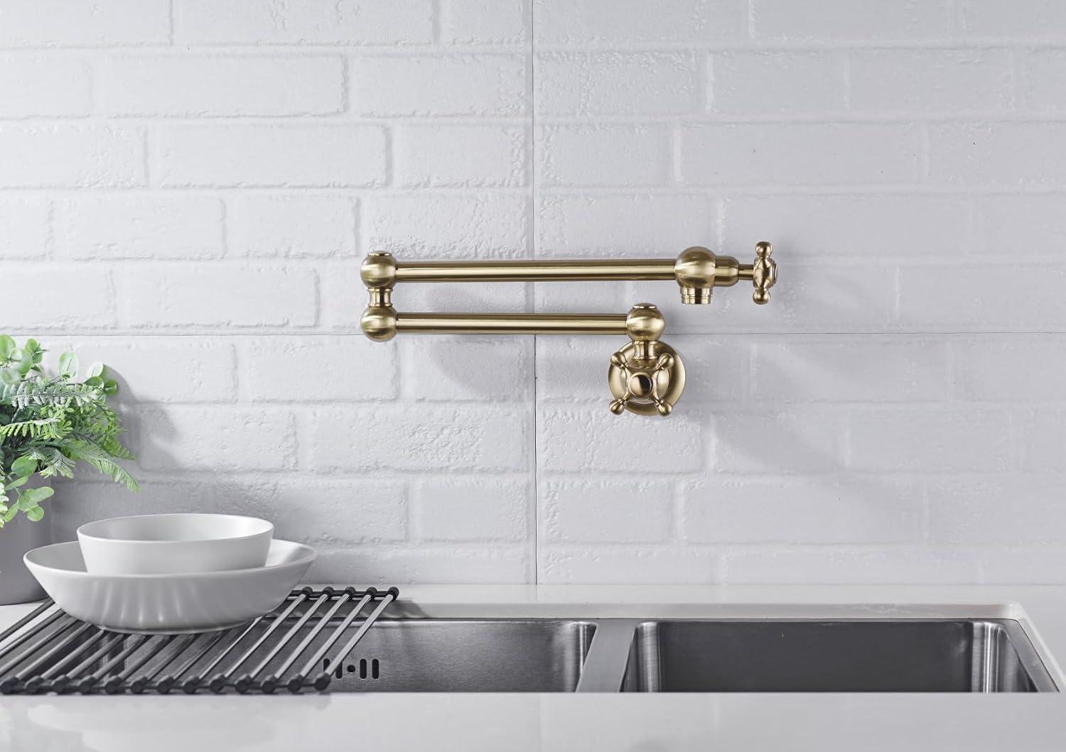 Besdor Pot Filler Faucet Brushed Gold Wall Mount Over Stove Faucet, Commercial Brass Pot Filler Faucet Gold, Double Joint Swing Arms, Single Hole Two Handles Folding Kitchen Faucet