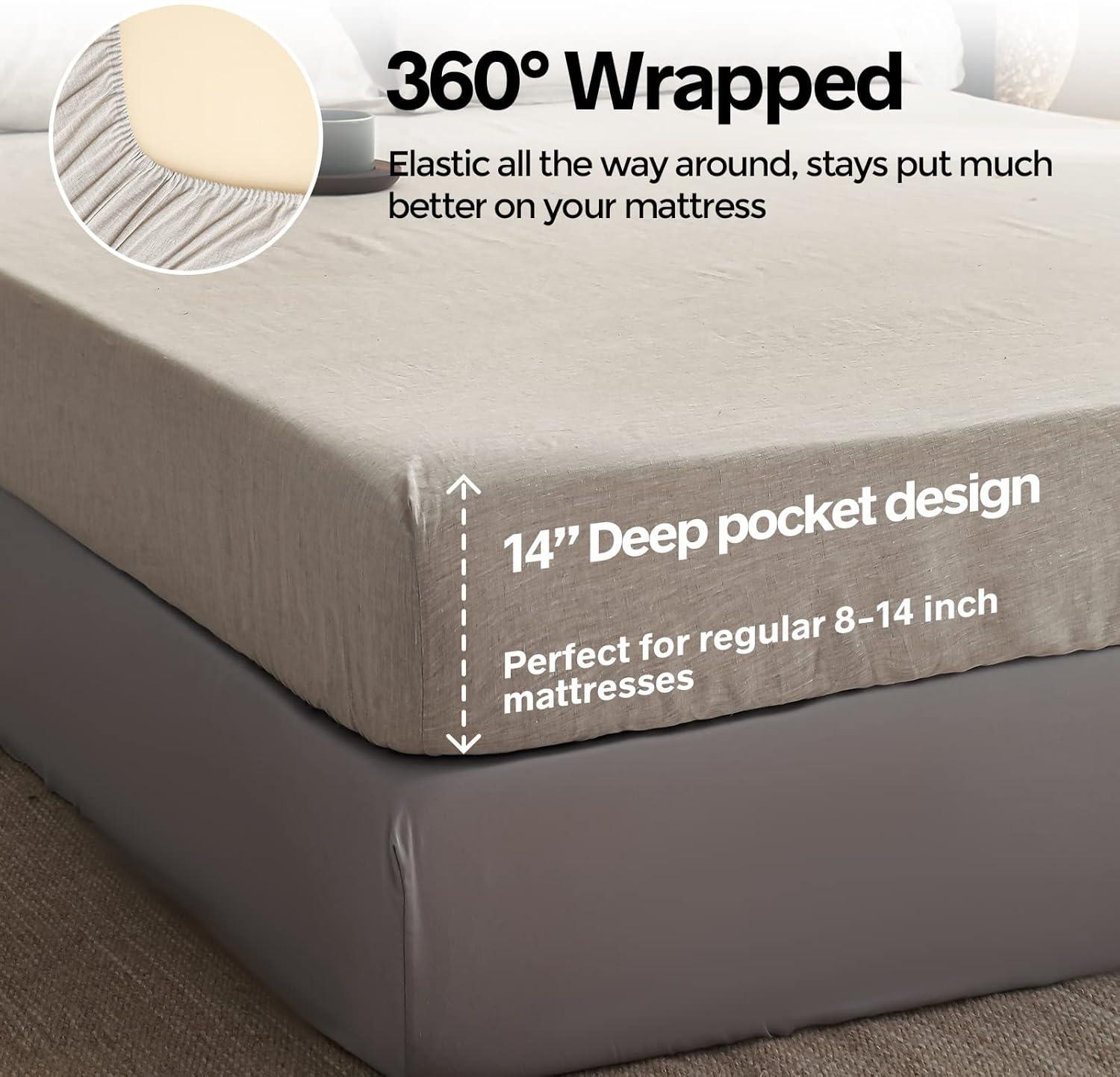 Simple&Opulence 100% Linen Fitted Sheet (1 Piece) Mattress Cover, Natural Belgian Flax-Twin Size, 14 Inch Deep Pocket Stone Washed Farmhouse Bedding-Linen