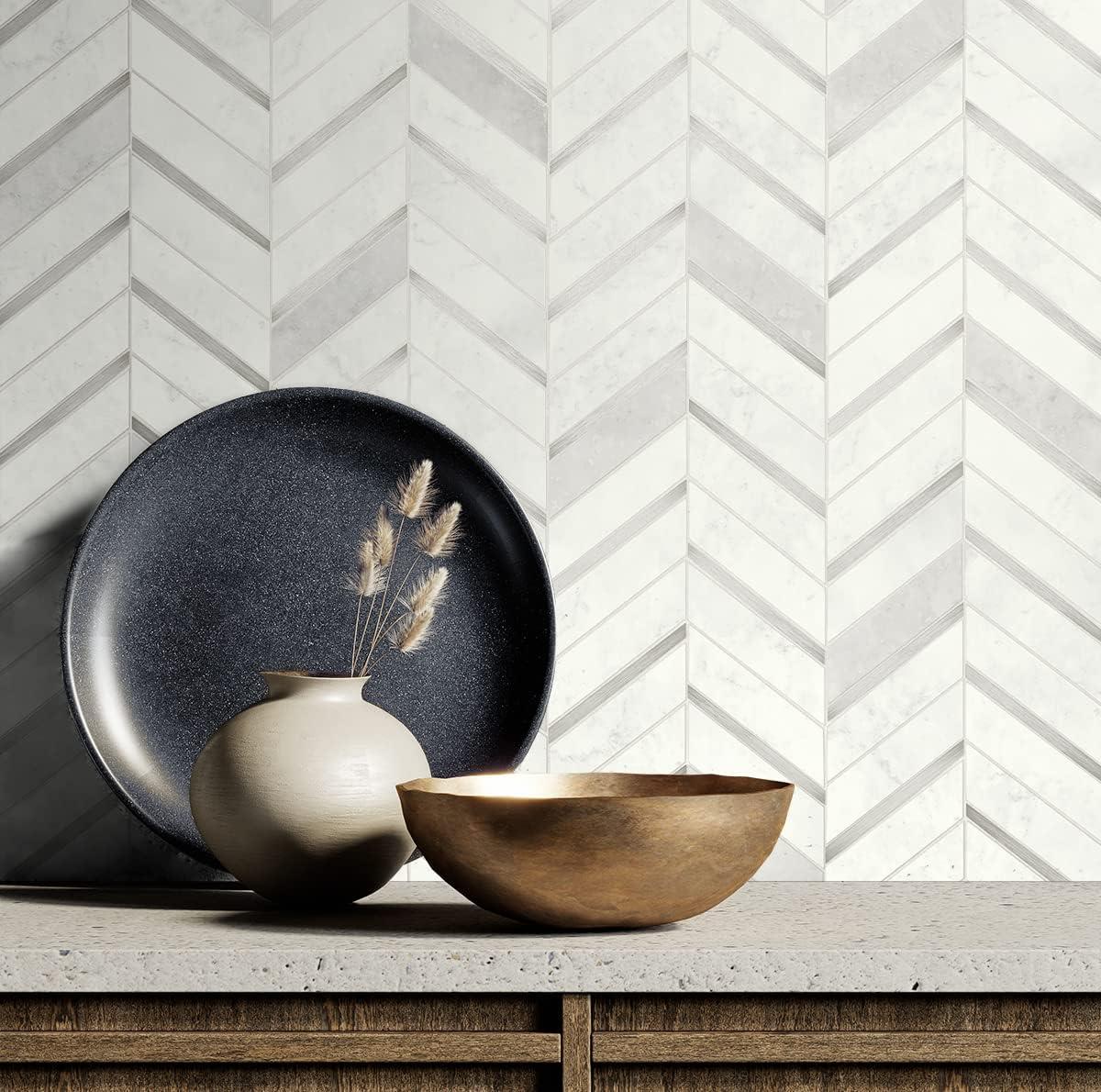 NextWall Chevron Marble Tile Peel and Stick Wallpaper