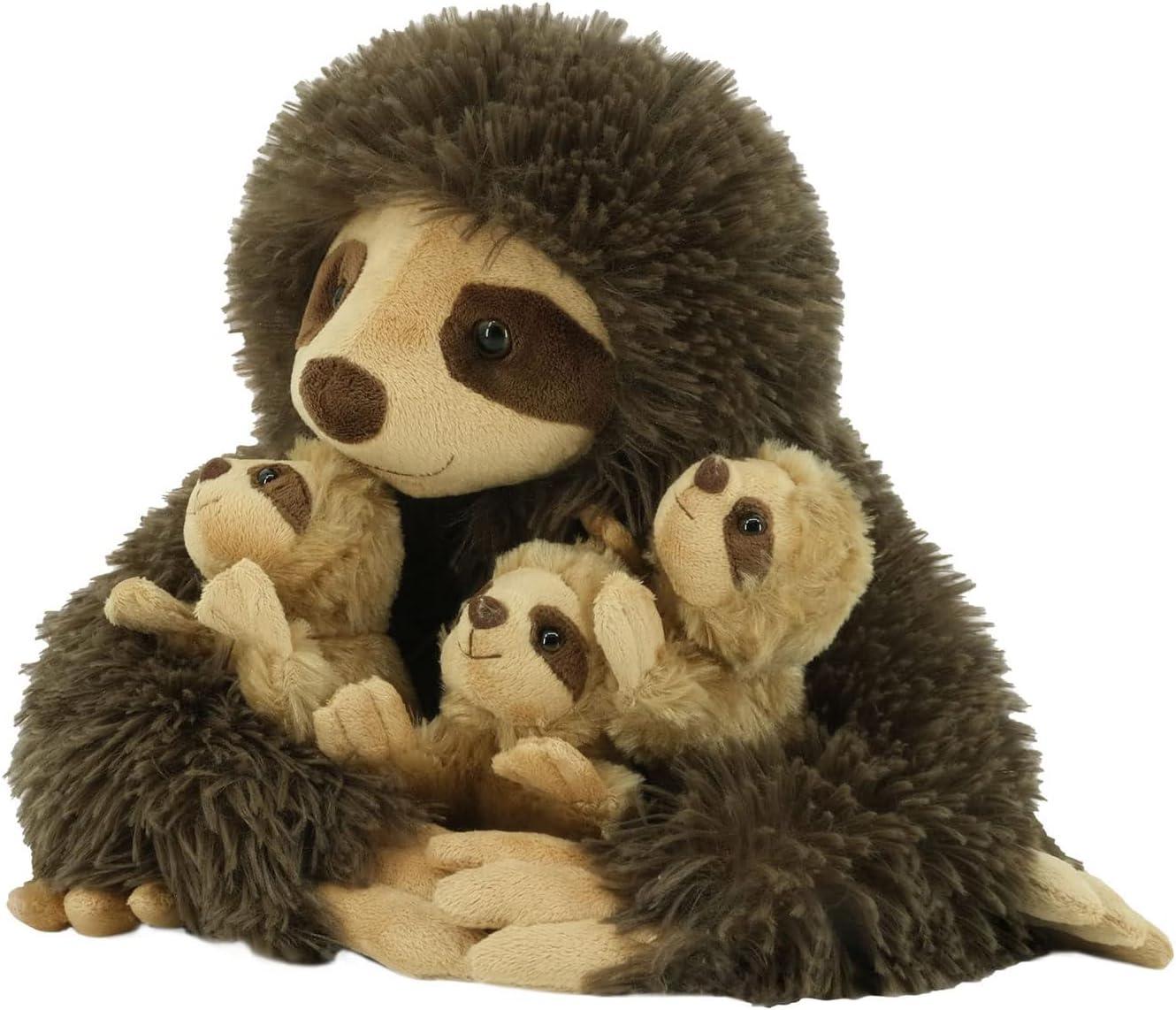 Brown Plush Sloth with 3 Baby Sloths, 11" Washable Toy