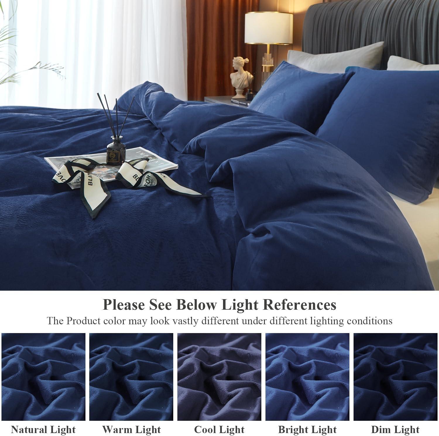 Ivellow Velvet Duvet Cover Queen Size 3 Pcs Flannel Navy Blue Duvet Cover Queen Velvet Comforter Cover Bedding Set Ultra Soft Cozy Solid Luxury Velour Duvet Cover Set Zipper Closure Corner Ties