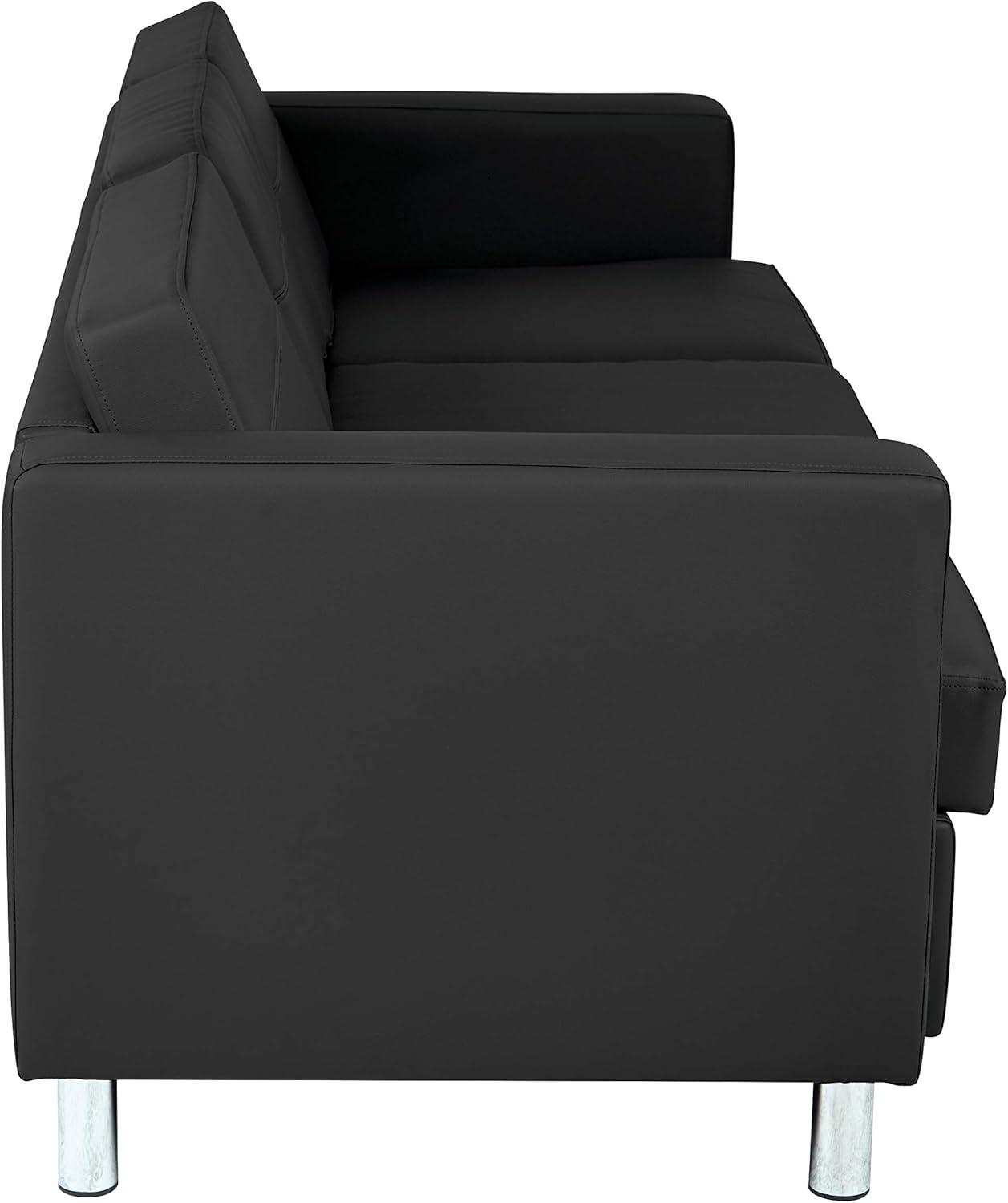 Modern Pacific Black Faux Leather Sofa with Silver Finish Legs