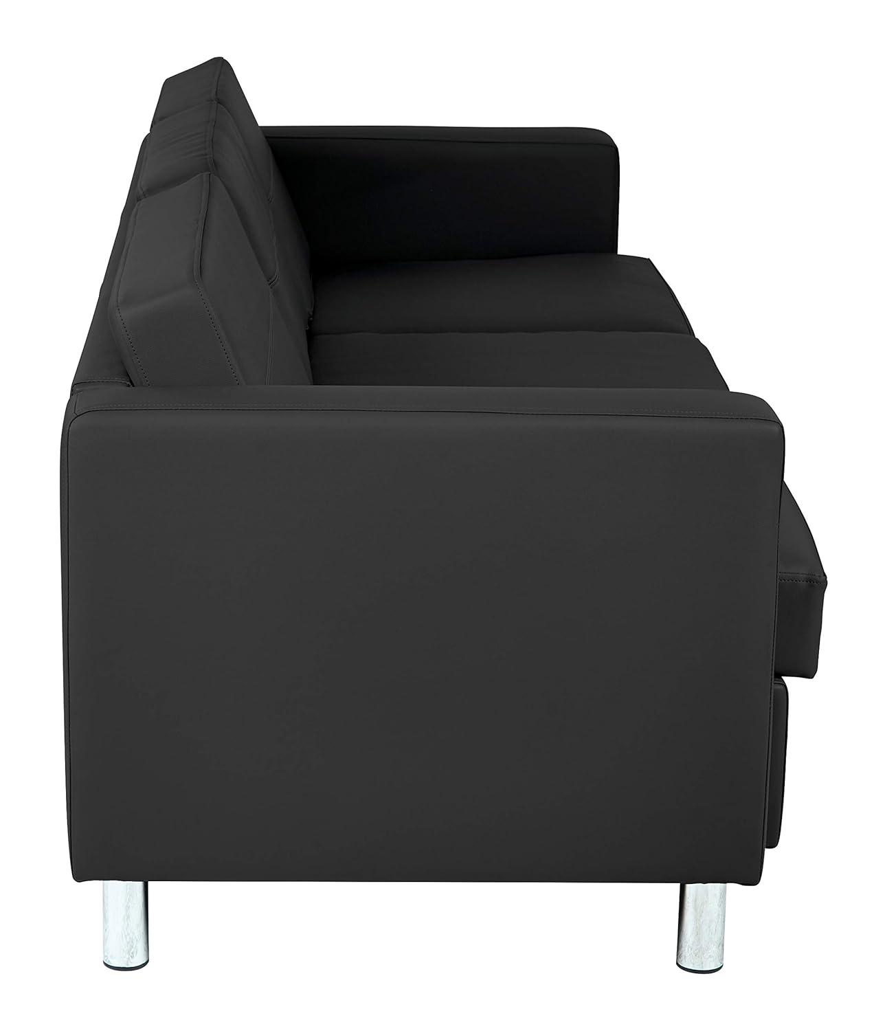 Modern Pacific Black Faux Leather Sofa with Silver Finish Legs
