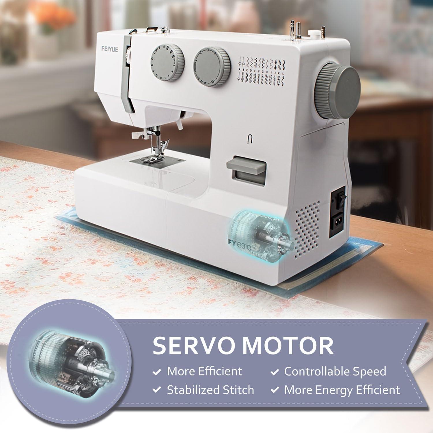 FEIYUE FYe310 Full Size Sewing Machine with Foot Pedal, Heavy Duty & Portable, Powerful Servo Motor, 25 Built-in Stitches, 6 Bobbins & 5 Included Sewing Feet (White)