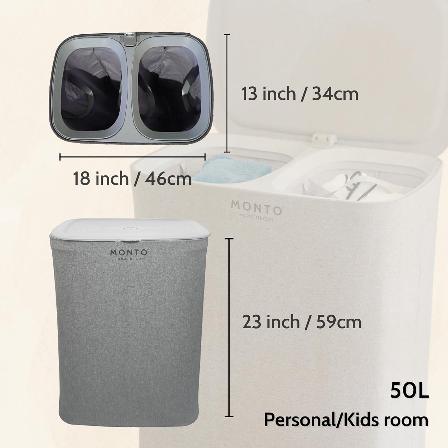Laundry Hamper – Large Double Compartment Laundry Basket with Lid, Removable Bags, and Handles for Efficient Clothes Sorting – Stylish and Functional (50L, Personal/Kids room)