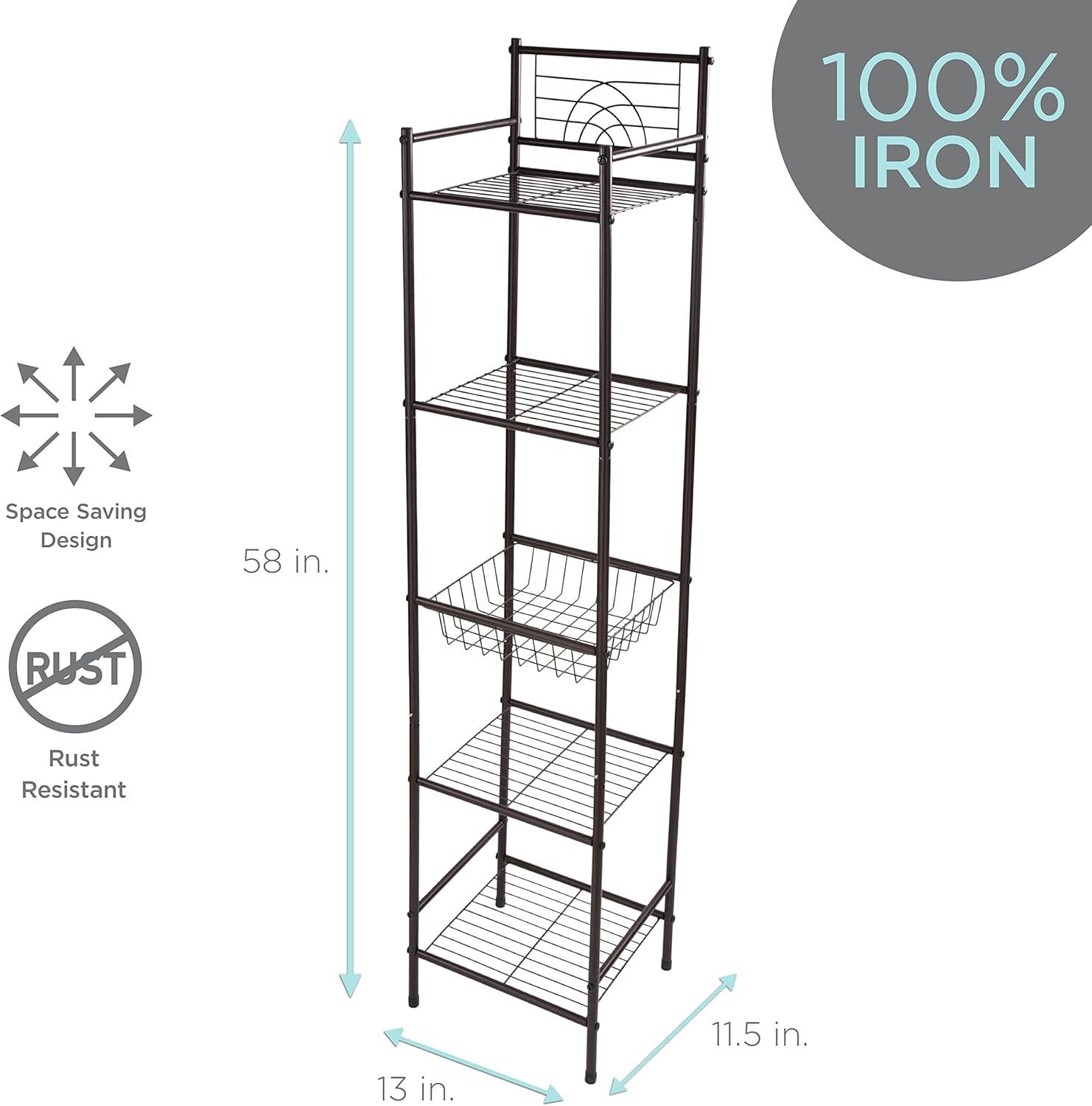 5 Tier Freestanding Bathroom Storage Shelves Brown - Bath Bliss: Iron Frame, Universal Organizer, 54.5" Height