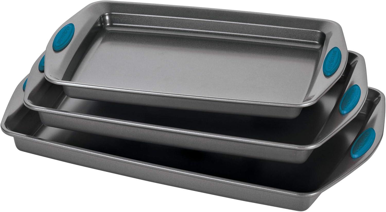 Rachael Ray 3pc Nonstick Cookie Sheet Set with Blue Grips: Carbon Steel Bakeware, Even-Heating, Dishwasher-Safe